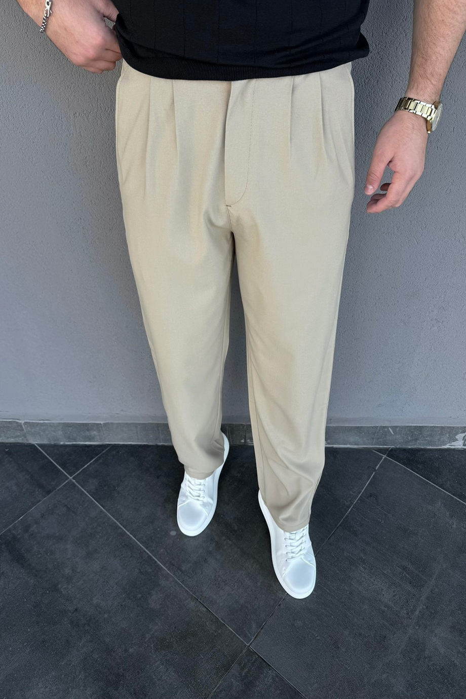 BEJ PİLELİ BAGGY KUMAŞ PANTALON