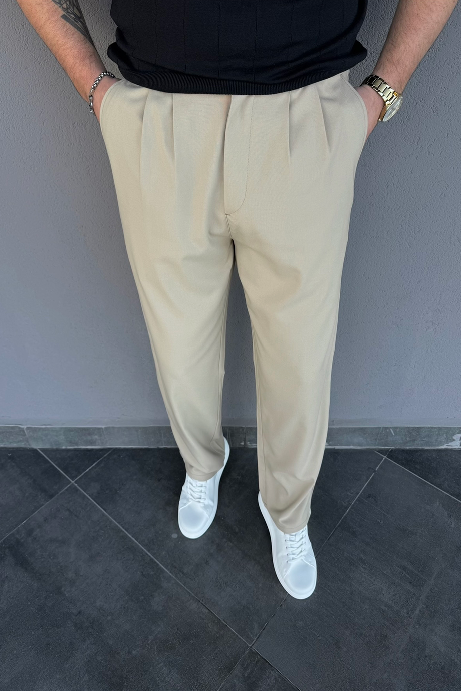 BEJ PİLELİ BAGGY KUMAŞ PANTALON