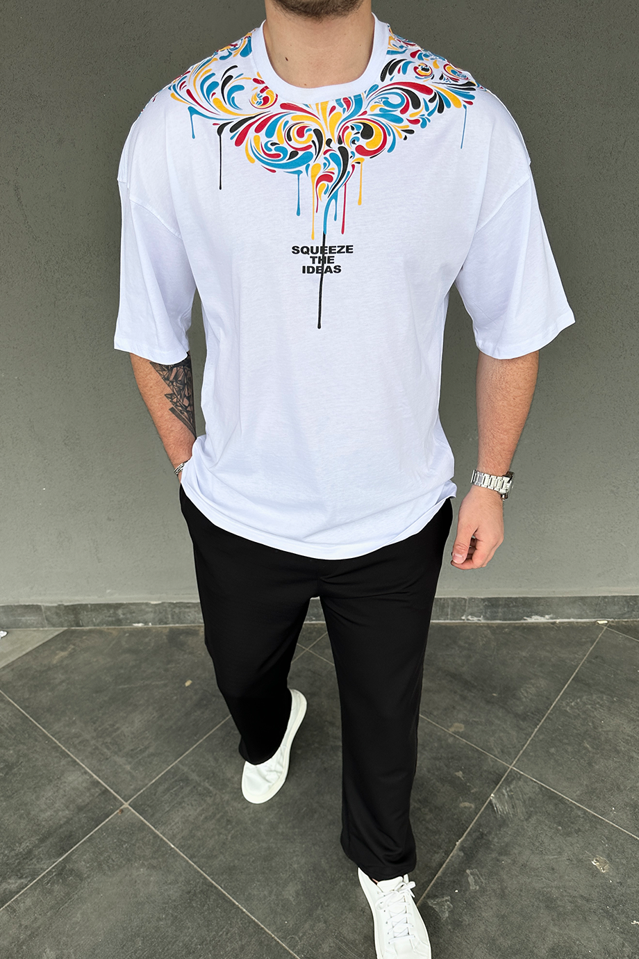 BEYAZ BASKILI OVERSIZE T-SHİRT