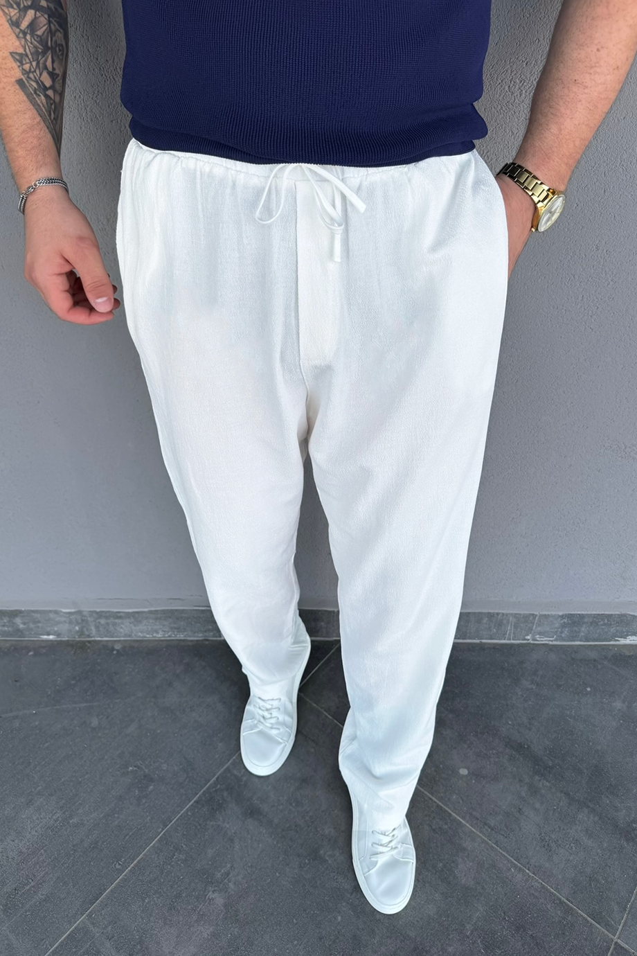 BEYAZ BEL LASTİKLİ BAGGY KALIP PANTALON