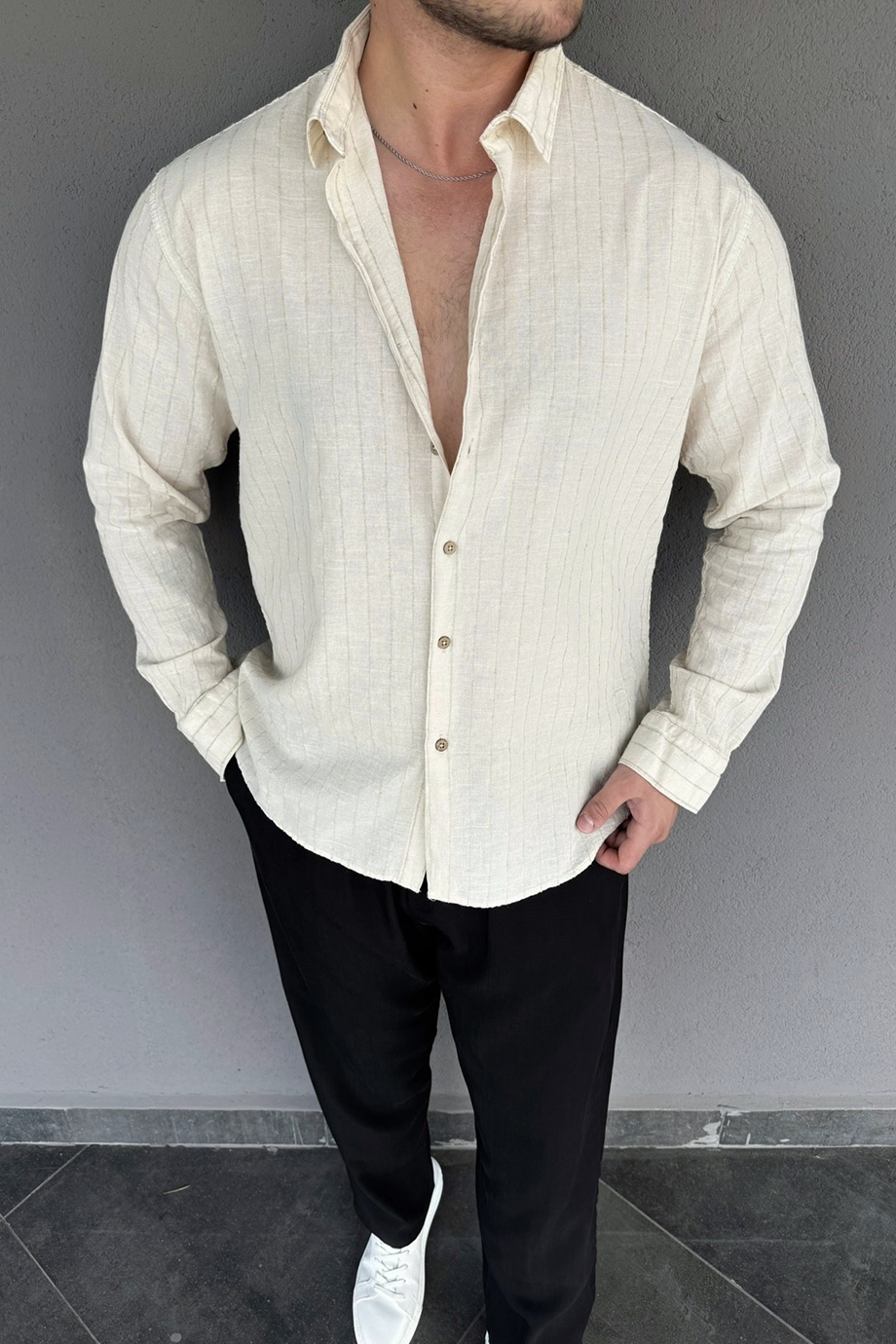 VANİLYA-KREM ÇİZGİLİ PREMİUM OVERSIZE GÖMLEK