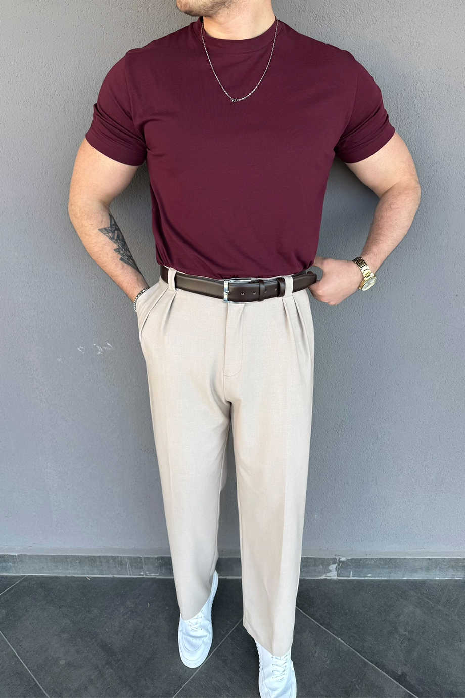 BORDO REGULAR FİT BASİC T-SHİRT