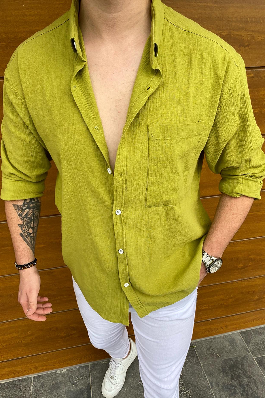 FISTIK YEŞİLİ HAM KETEN OVERSIZE GÖMLEK