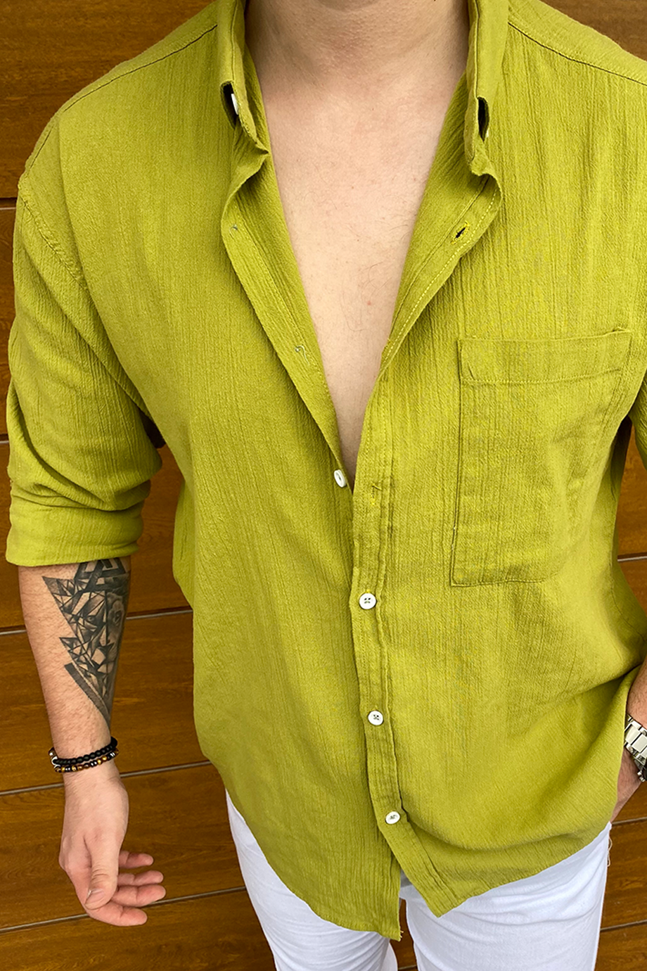 FISTIK YEŞİLİ HAM KETEN OVERSIZE GÖMLEK