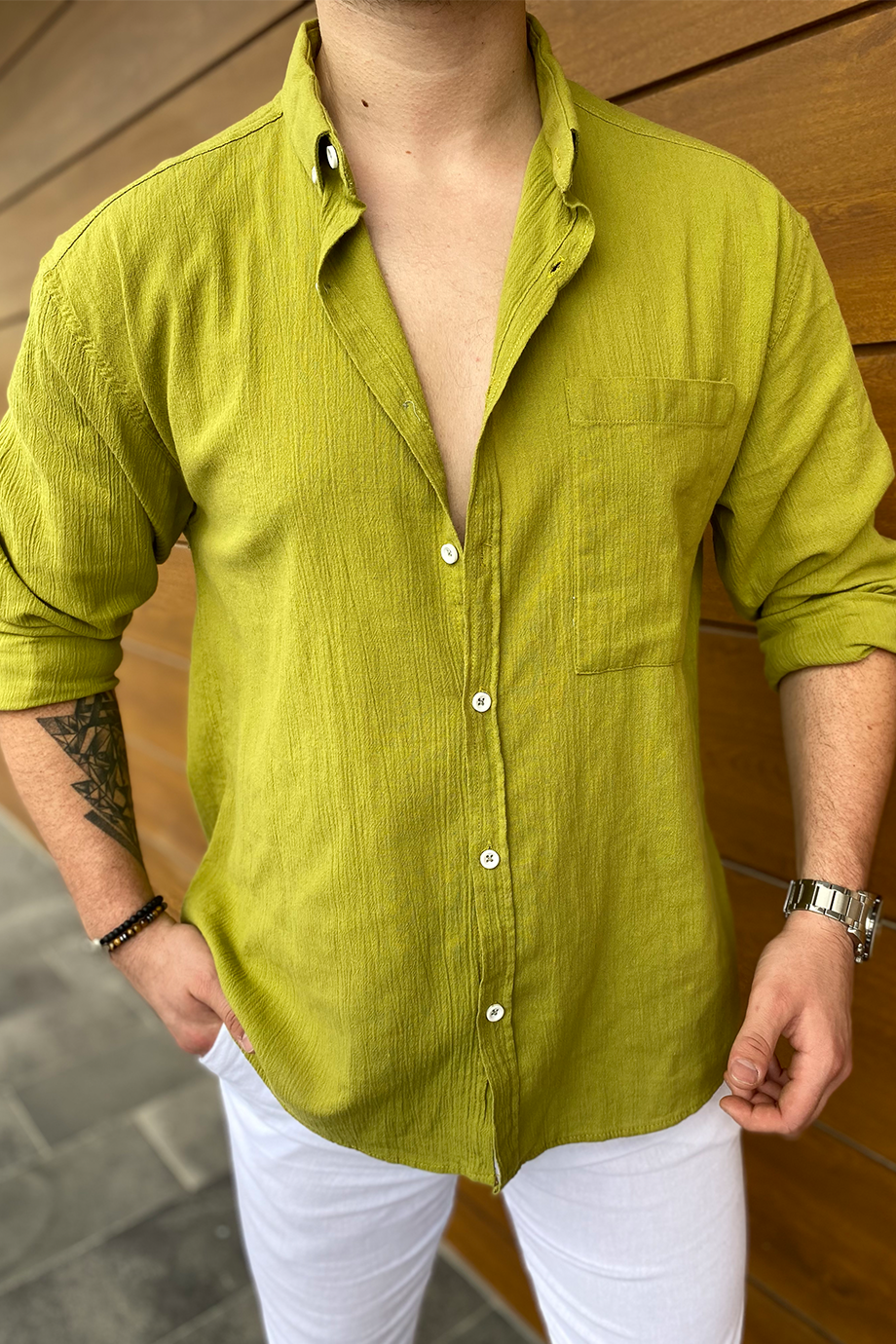 FISTIK YEŞİLİ HAM KETEN OVERSIZE GÖMLEK