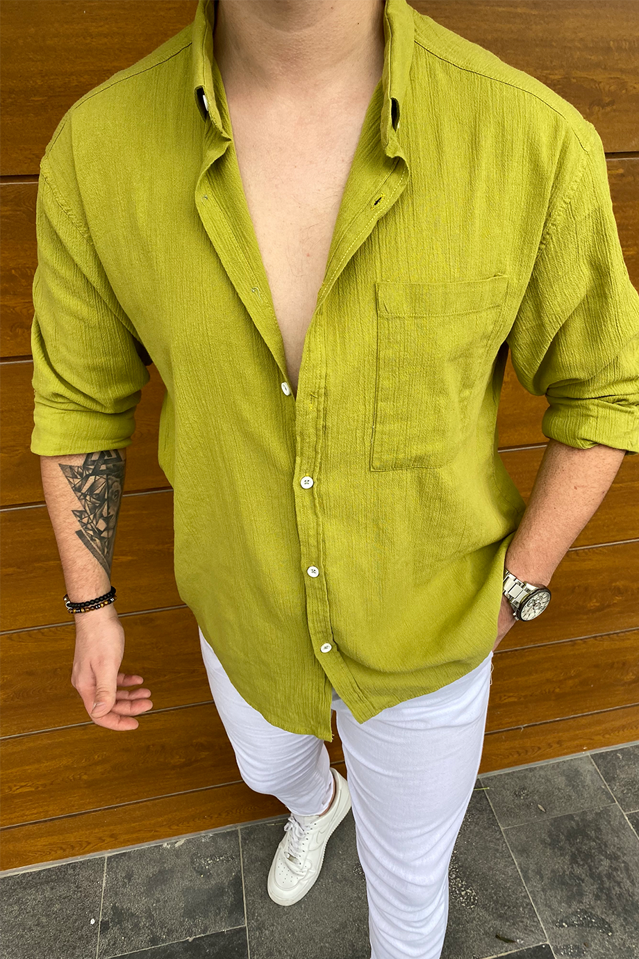 FISTIK YEŞİLİ HAM KETEN OVERSIZE GÖMLEK