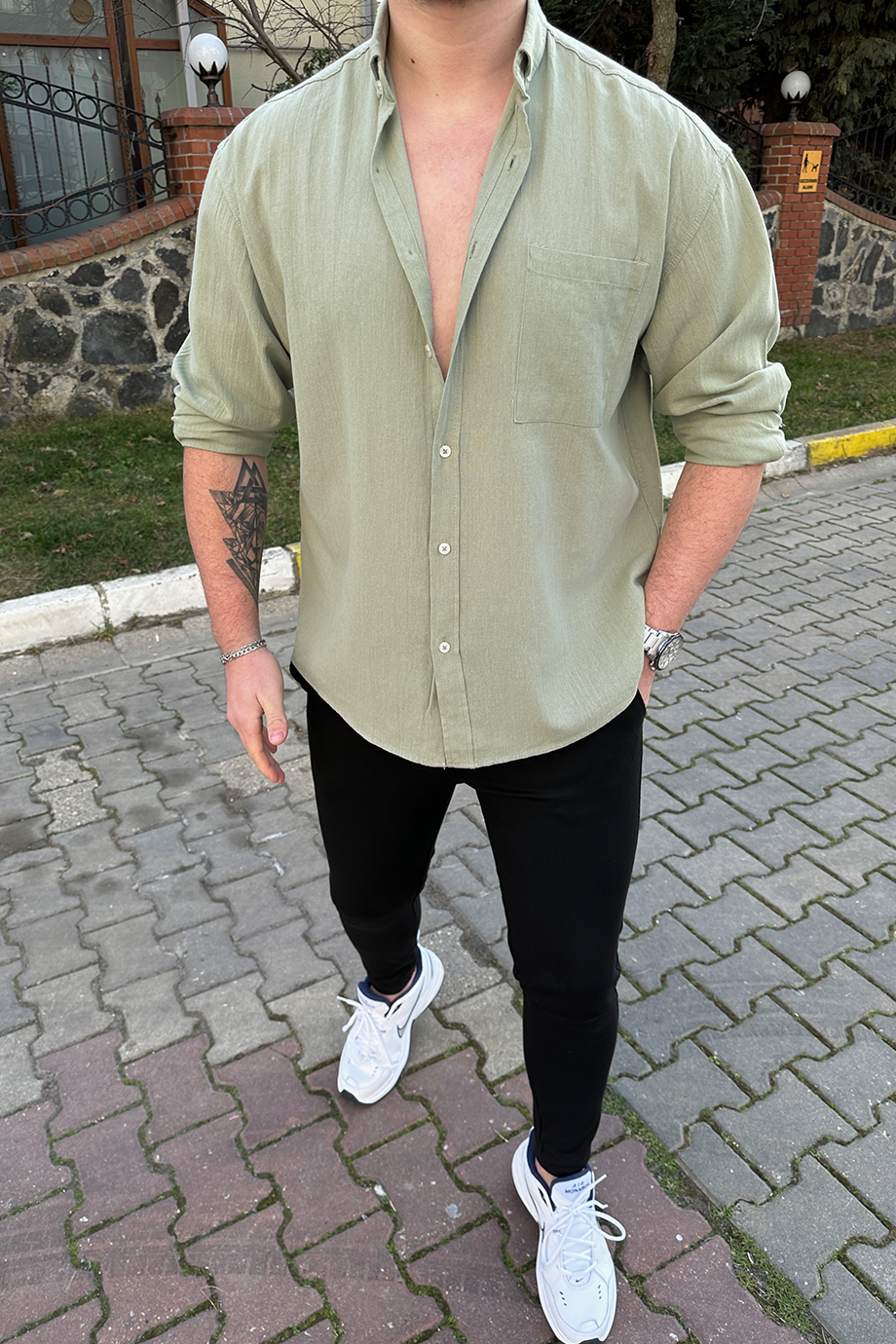 HAKİ OVERSIZE HAM KETEN GÖMLEK
