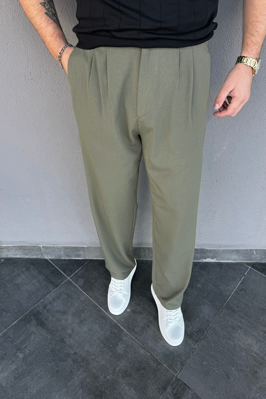 HAKİ PİLELİ BAGGY KUMAŞ PANTALON