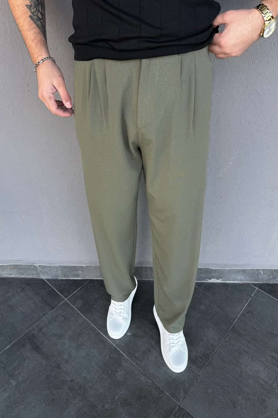 HAKİ PİLELİ BAGGY KUMAŞ PANTALON