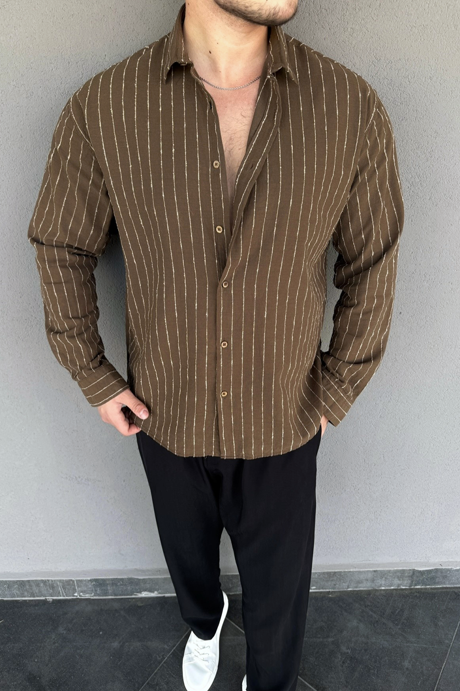 KAHVE-KREM ÇİZGİLİ PREMİUM OVERSIZE GÖMLEK