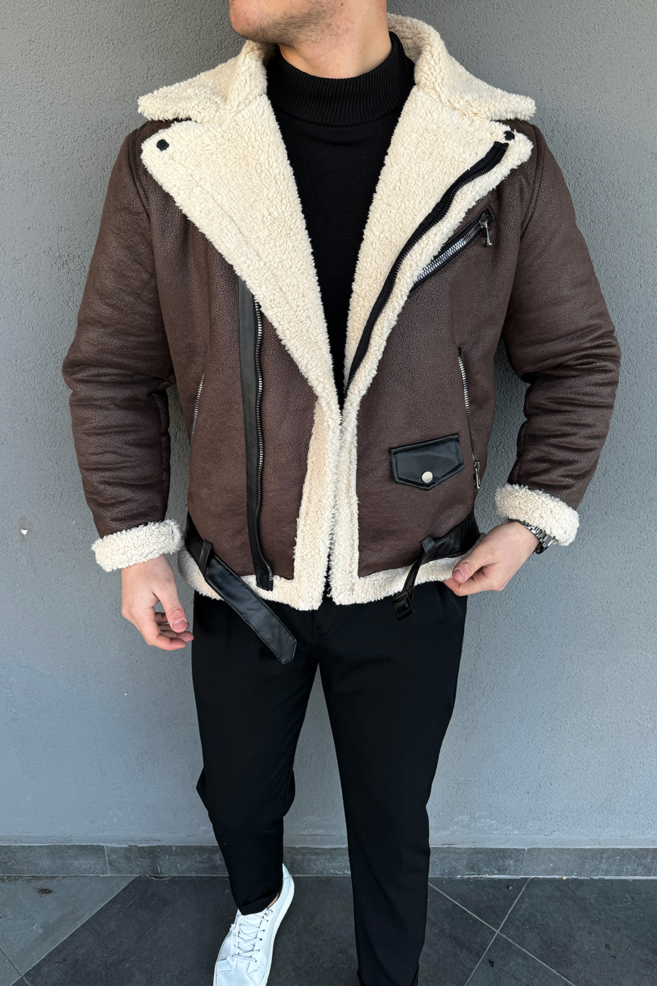 KAHVE-KREM KÜRKLÜ KEMERLİ NUBUK MONT