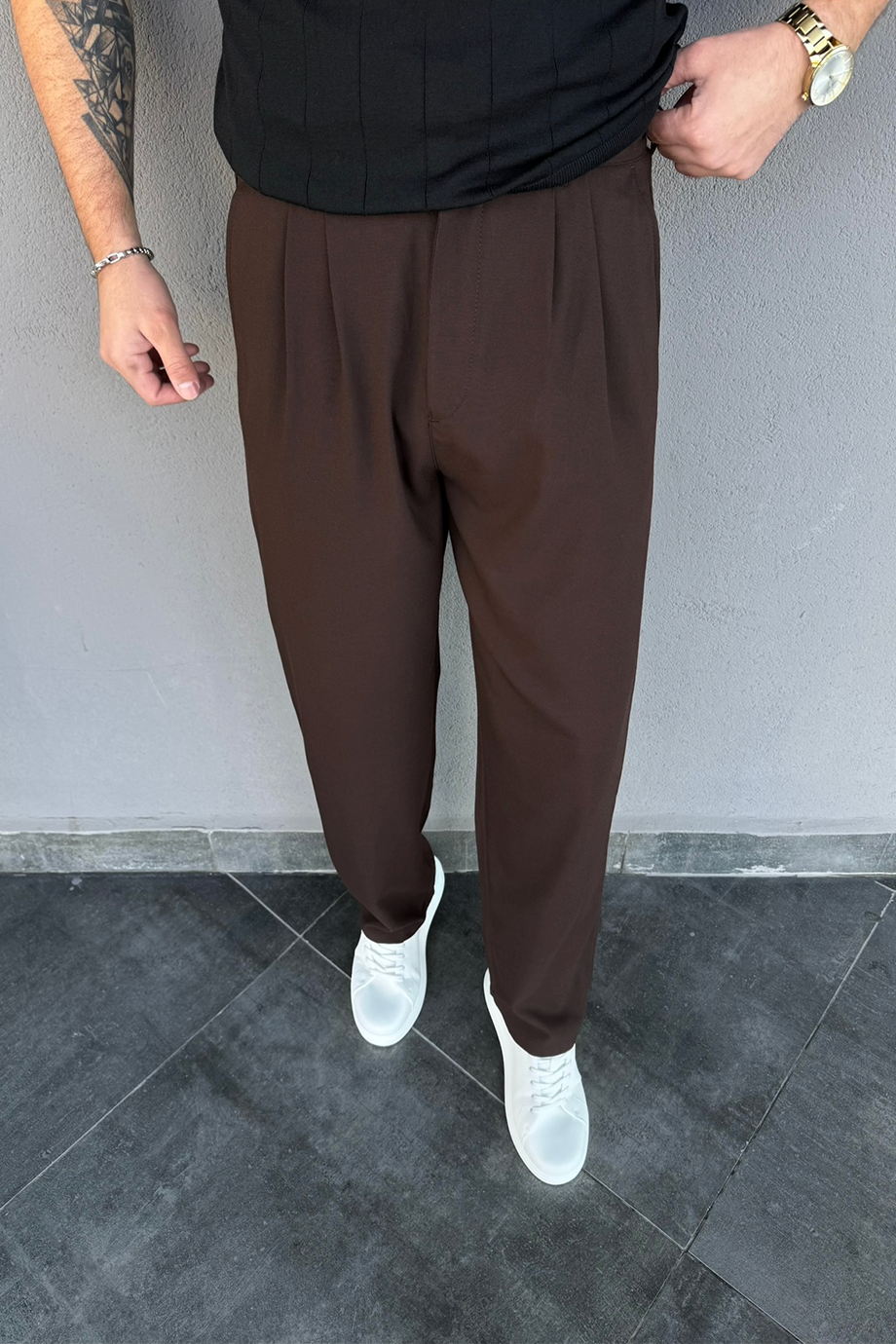 KAHVE PİLELİ BAGGY KUMAŞ PANTALON