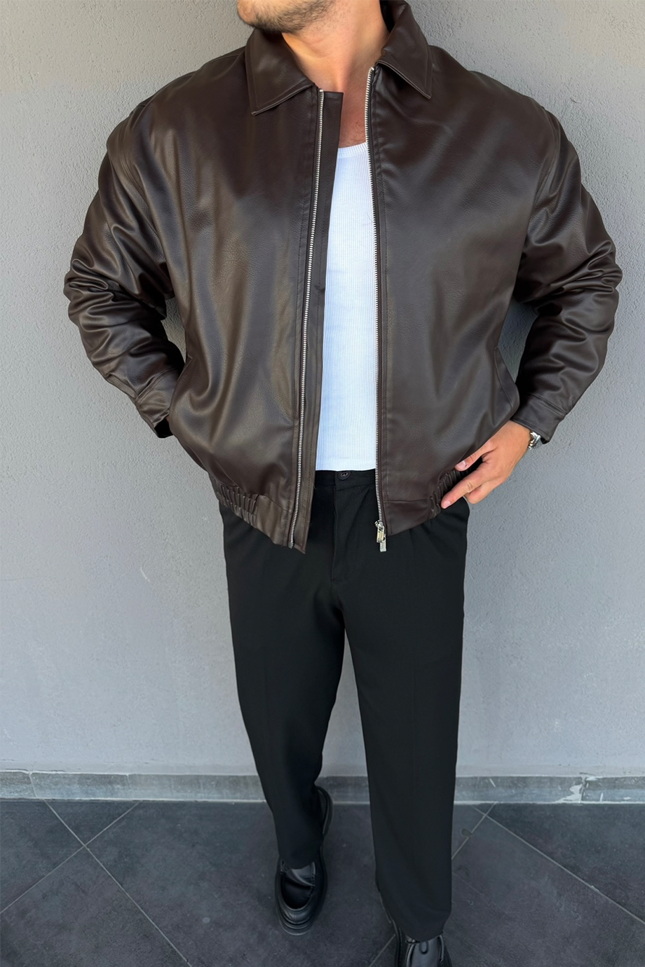 KAHVE PREMİUM SERİ OVERSİZE DERİ CEKET