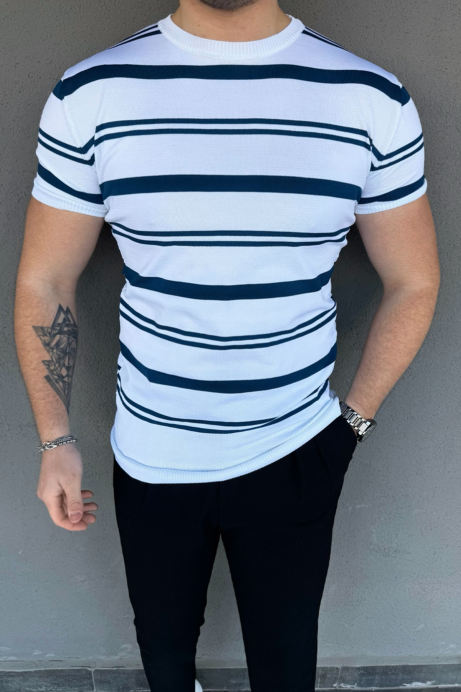 MAVİ-BEYAZ ÇİZGİLİ TRİKO T-SHİRT