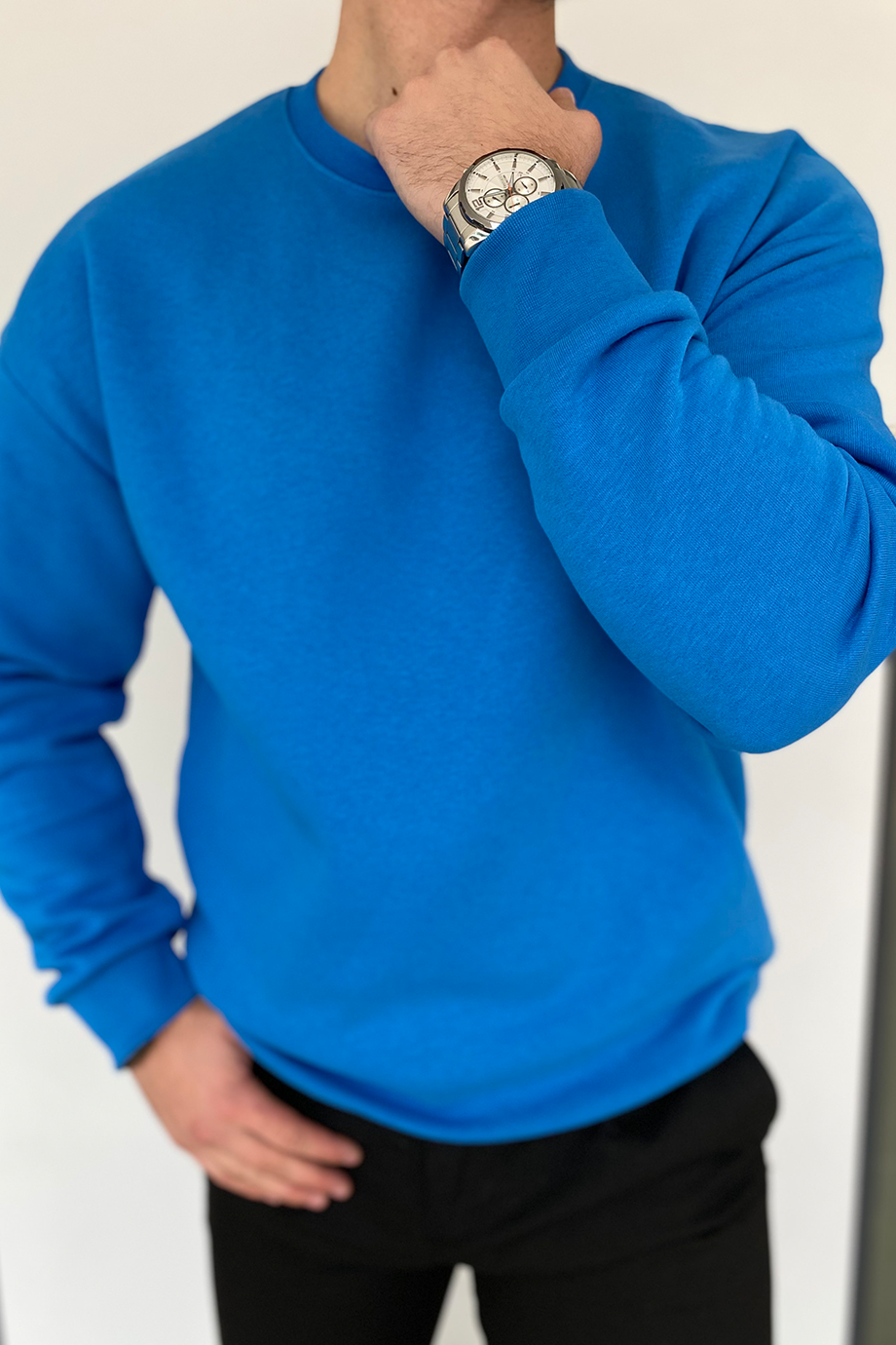 MAVİ OVERSIZE KALIP BİSİKLET YAKA BASİC SWEATSHİRT