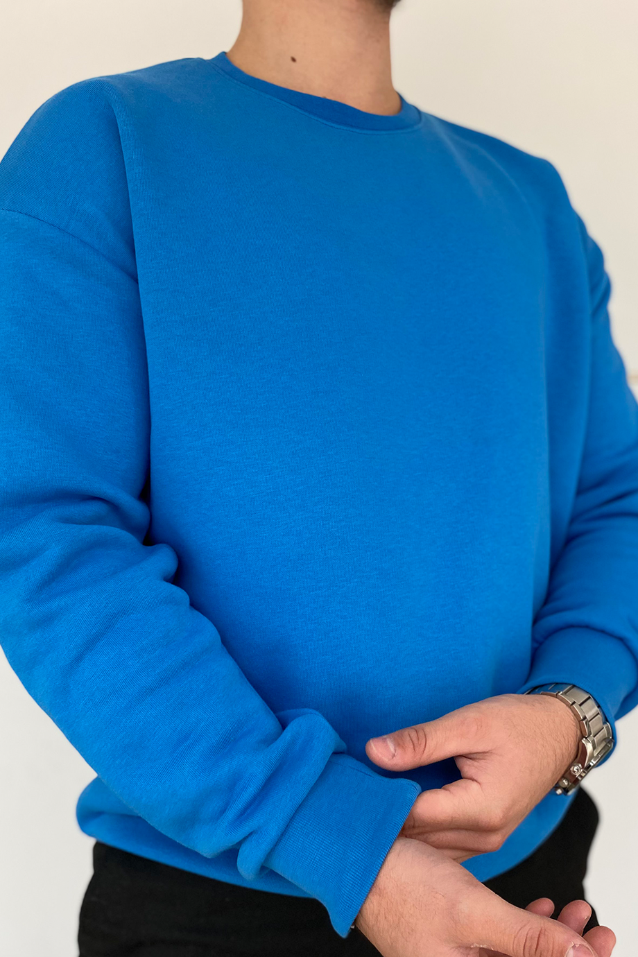 MAVİ OVERSIZE KALIP BİSİKLET YAKA BASİC SWEATSHİRT
