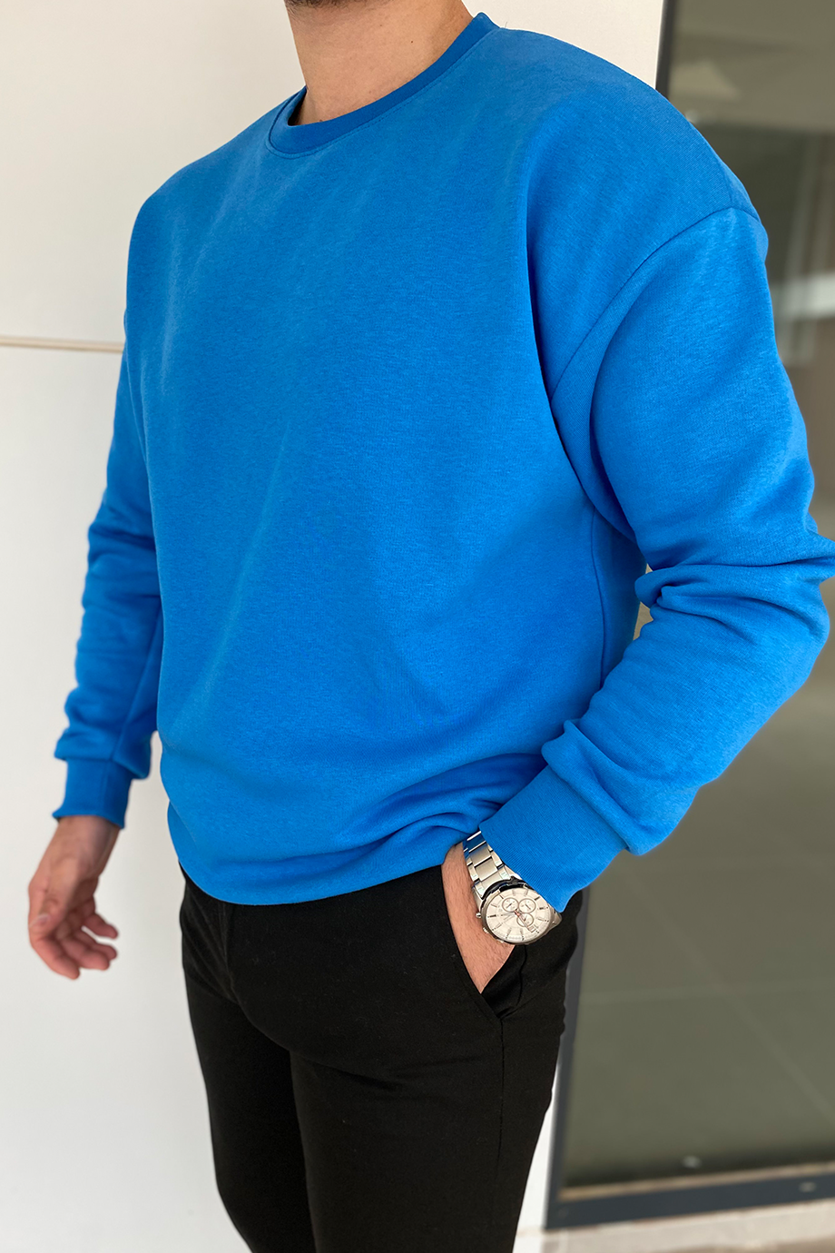 MAVİ OVERSIZE KALIP BİSİKLET YAKA BASİC SWEATSHİRT