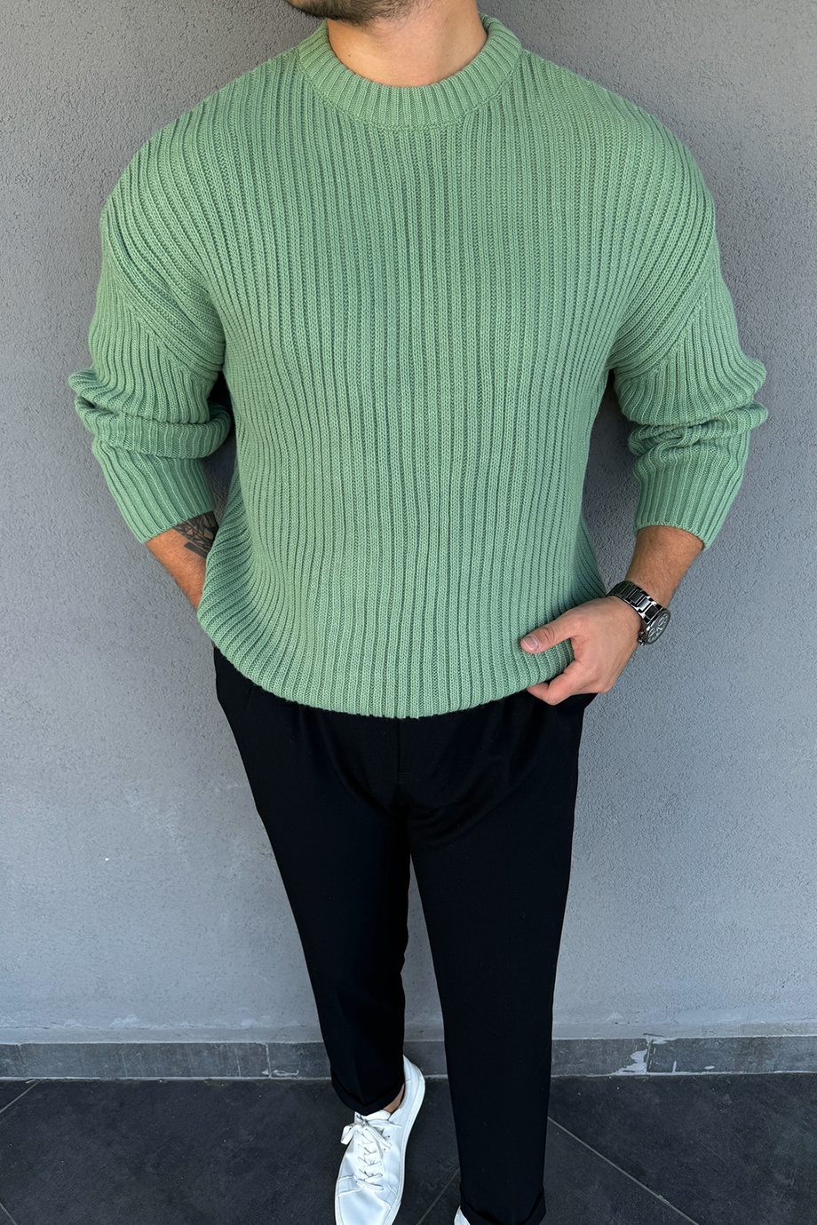 MİNT OVERSIZE KALIP BİSİKLET YAKA ÖRME KAZAK