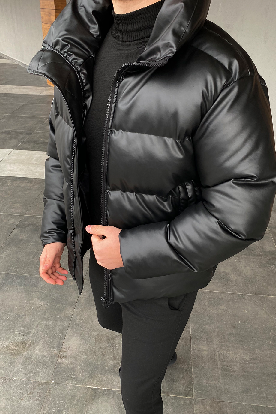 ŞİŞME DERİ ŞAL YAKA OVERSIZE KALIP DERİ MONT