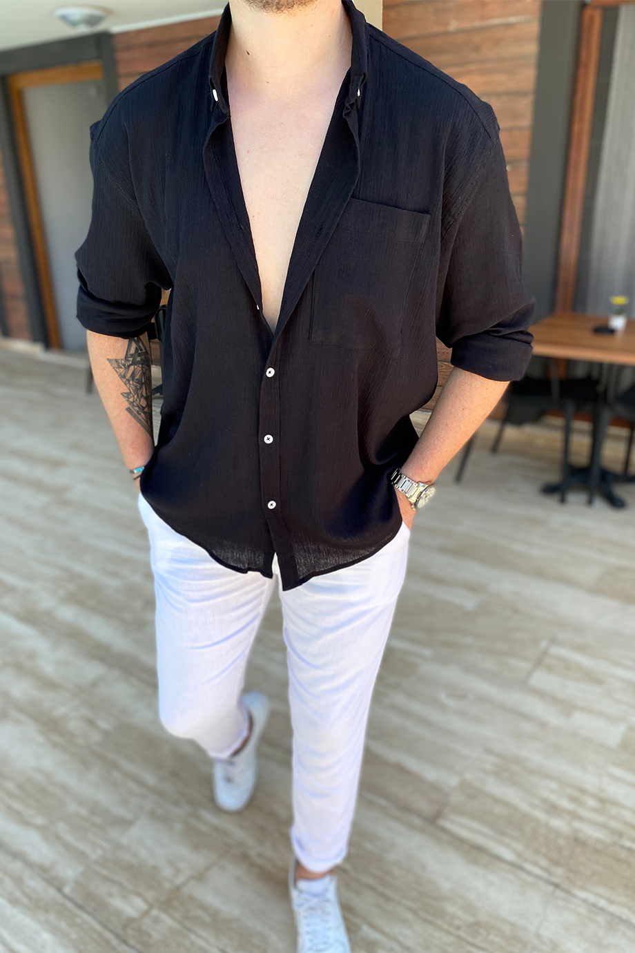 SİYAH HAM KETEN OVERSIZE GÖMLEK