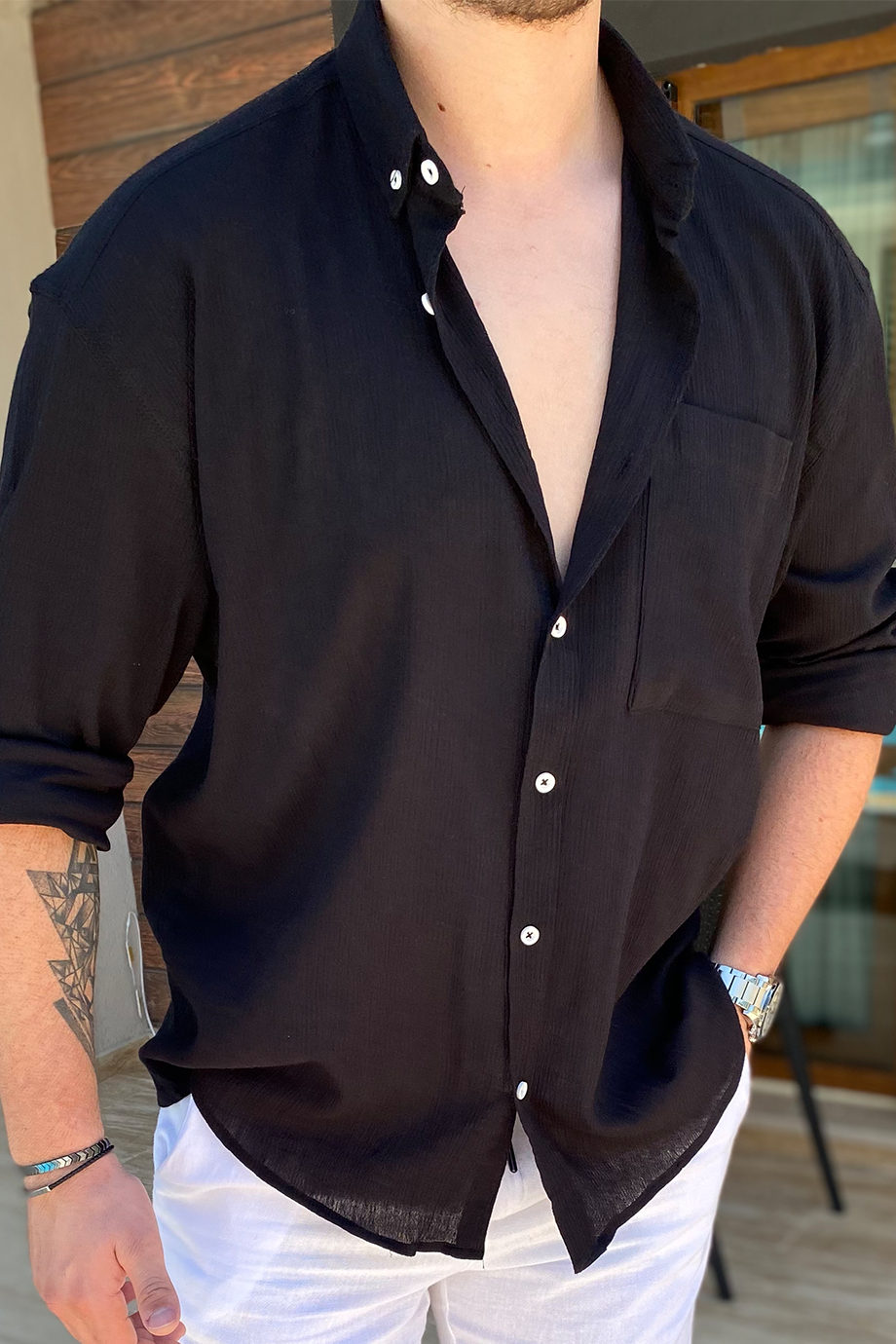 SİYAH HAM KETEN OVERSIZE GÖMLEK