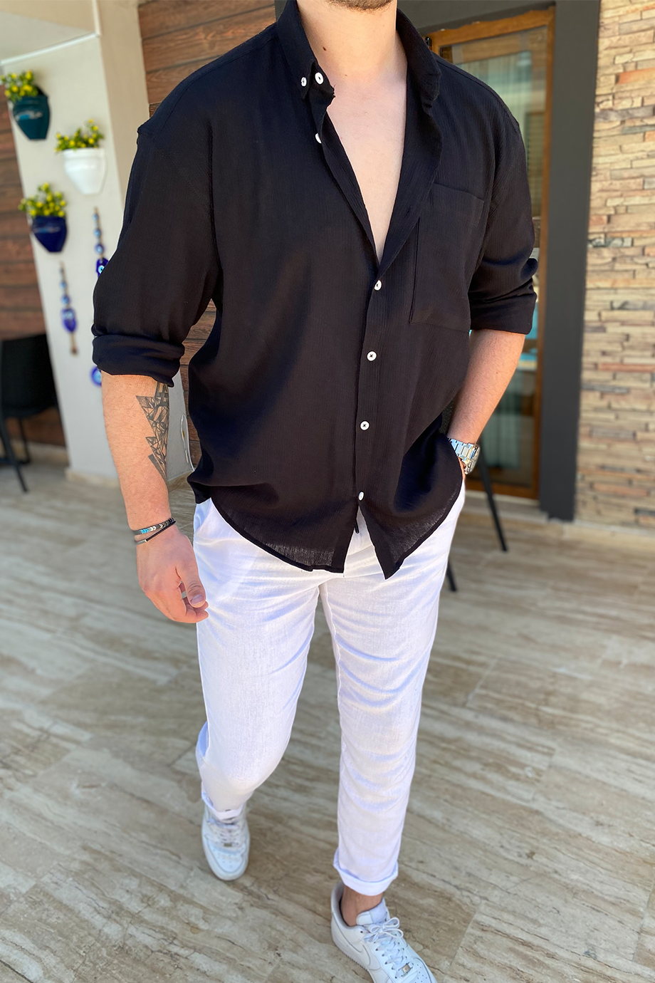 SİYAH HAM KETEN OVERSIZE GÖMLEK