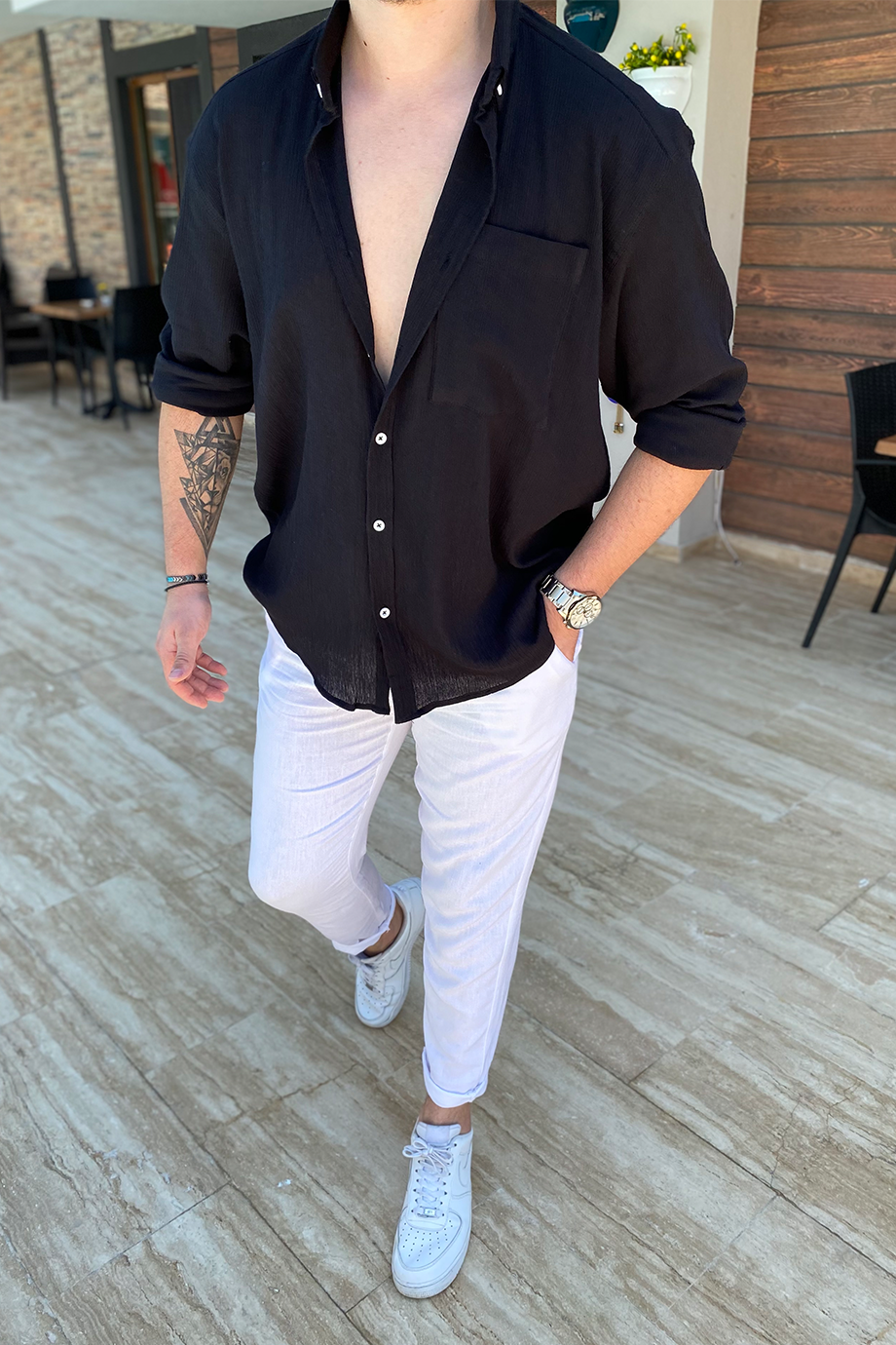SİYAH HAM KETEN OVERSIZE GÖMLEK