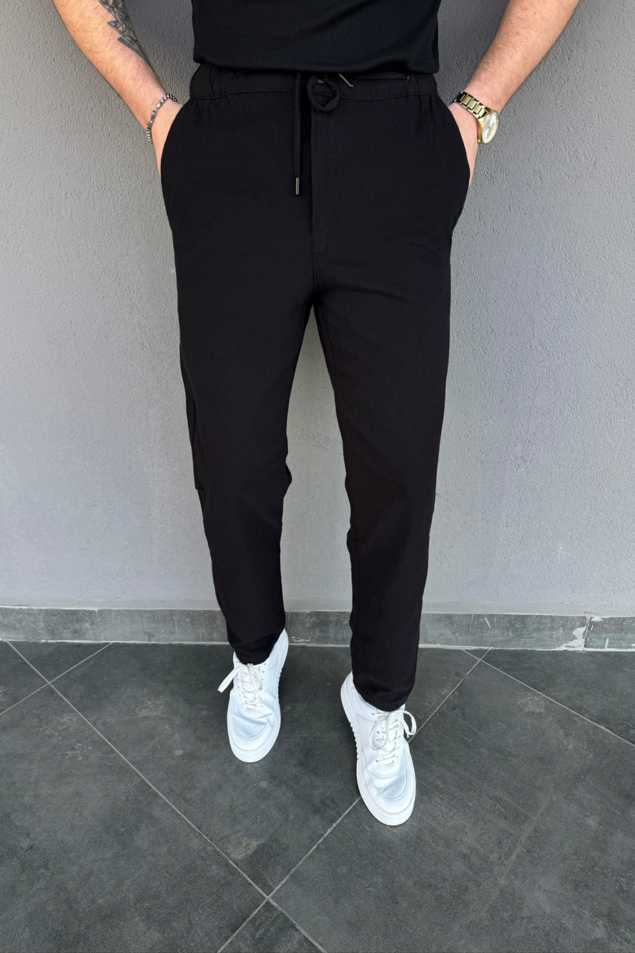 SİYAH PAMUK KETEN REGULAR FİT PANTALON