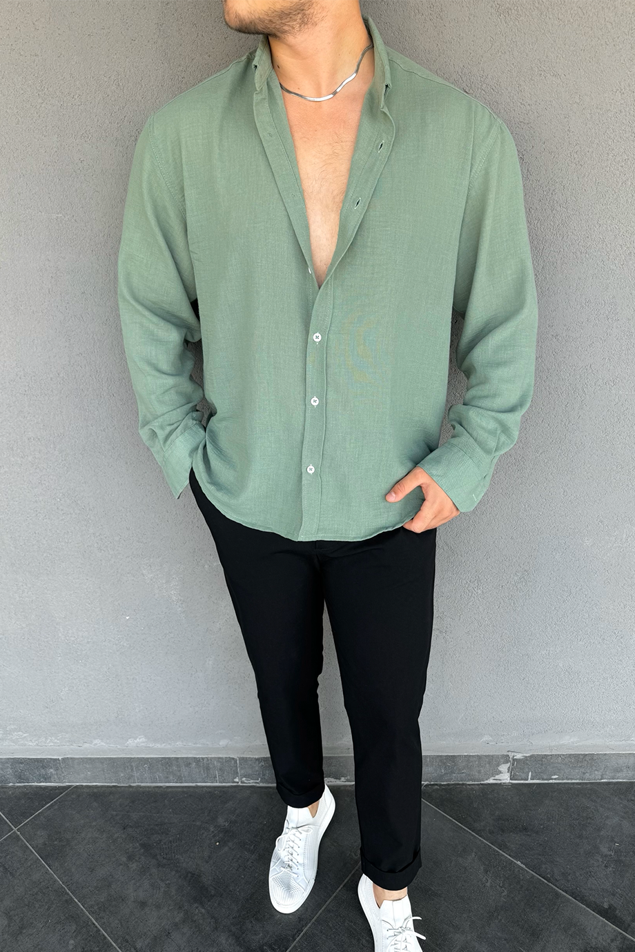 SU YEŞİLİ OVERSIZE KALIP KETEN KARIŞIMLI GÖMLEK