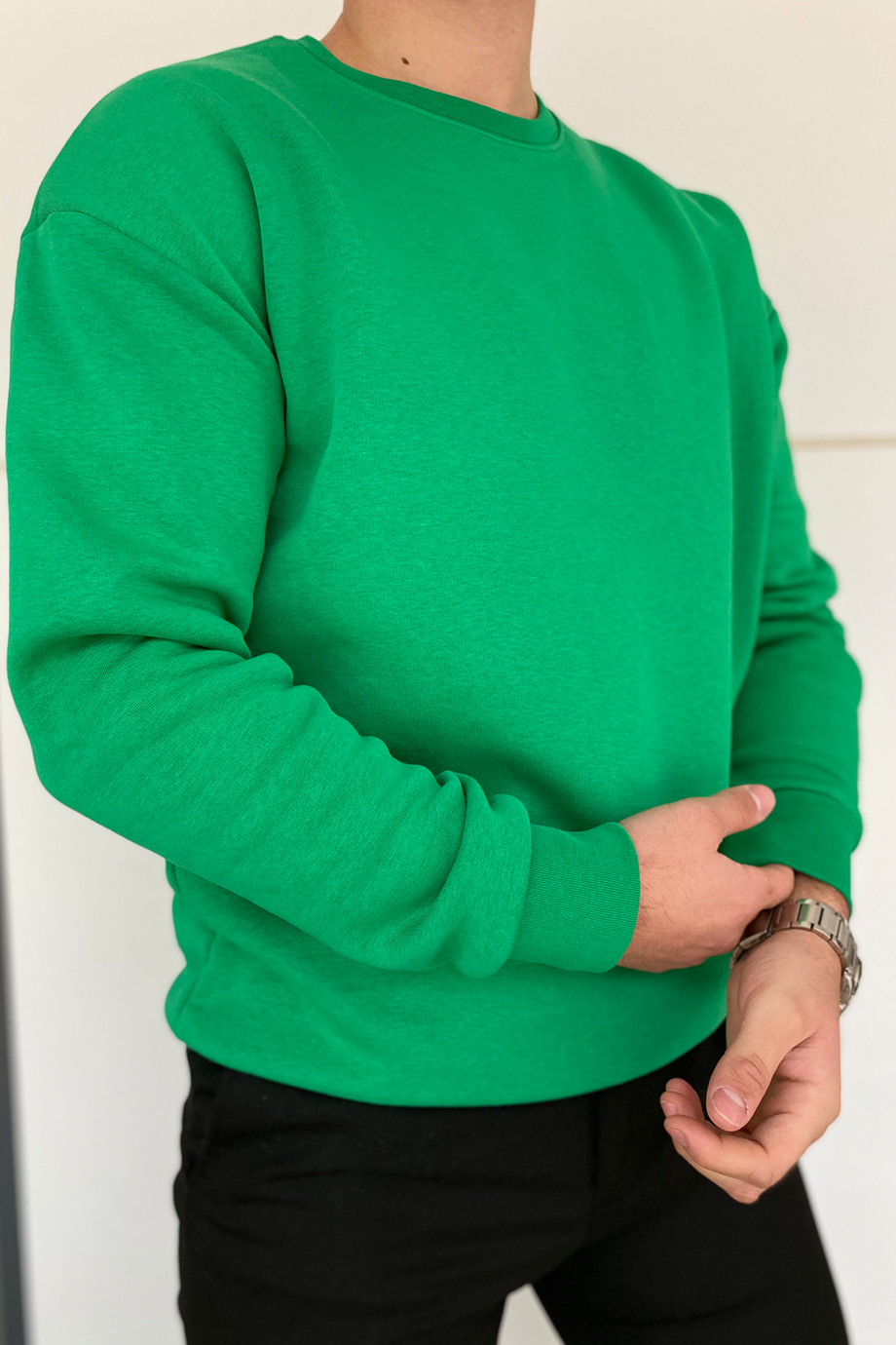 YEŞİL OVERSIZE KALIP BİSİKLET YAKA BASİC SWEATSHİRT