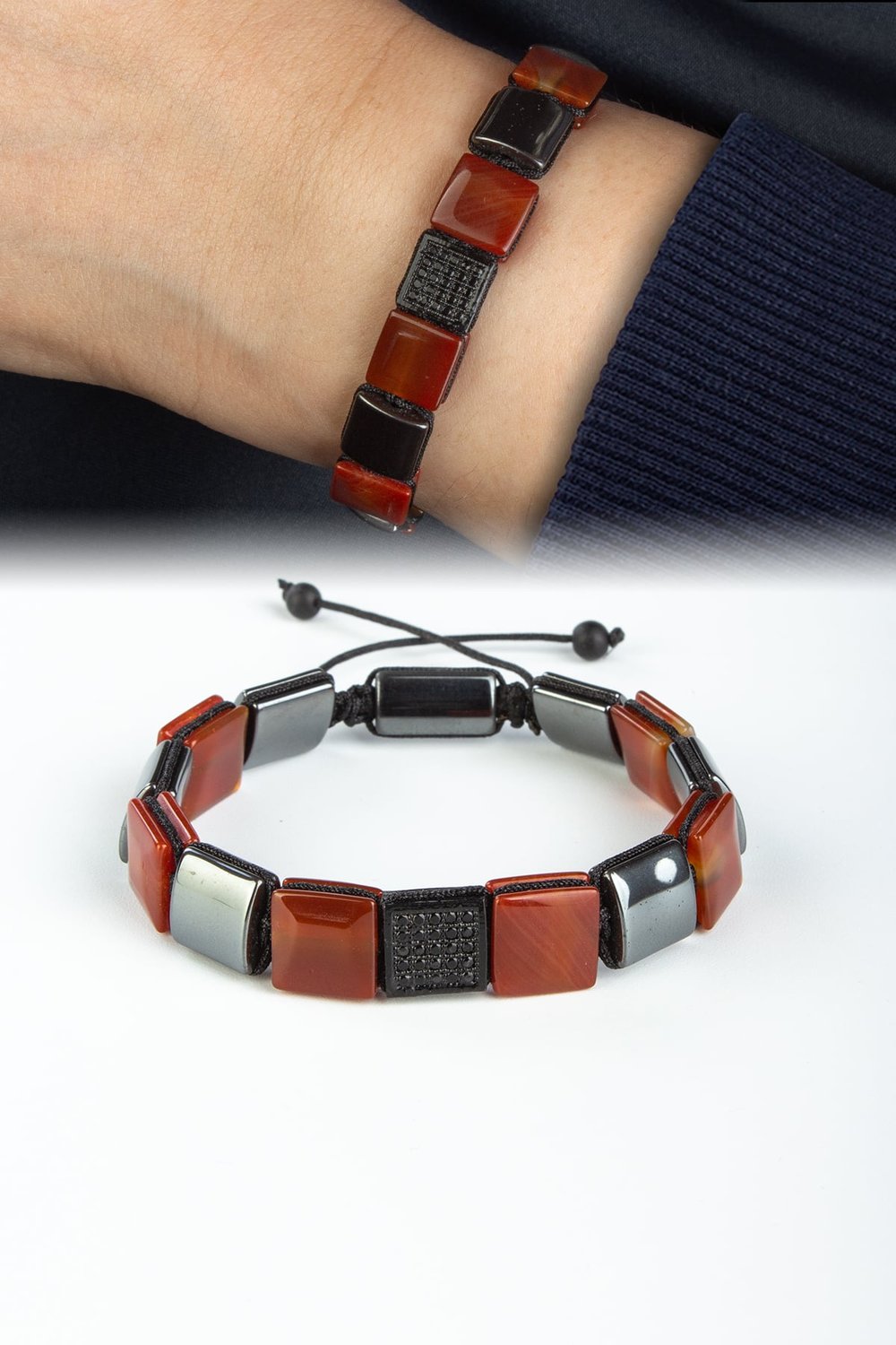 Akik Doğal Taş Kanallı Kare Kesim Zirkonlu 10x10mm Makrome Bileklik
