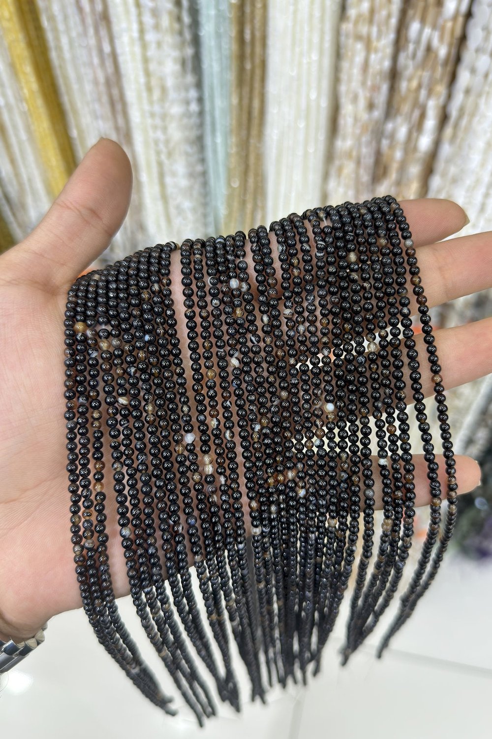 Akik Doğal Taş Parlak Siyah Küre Kesim 3mm Dizi