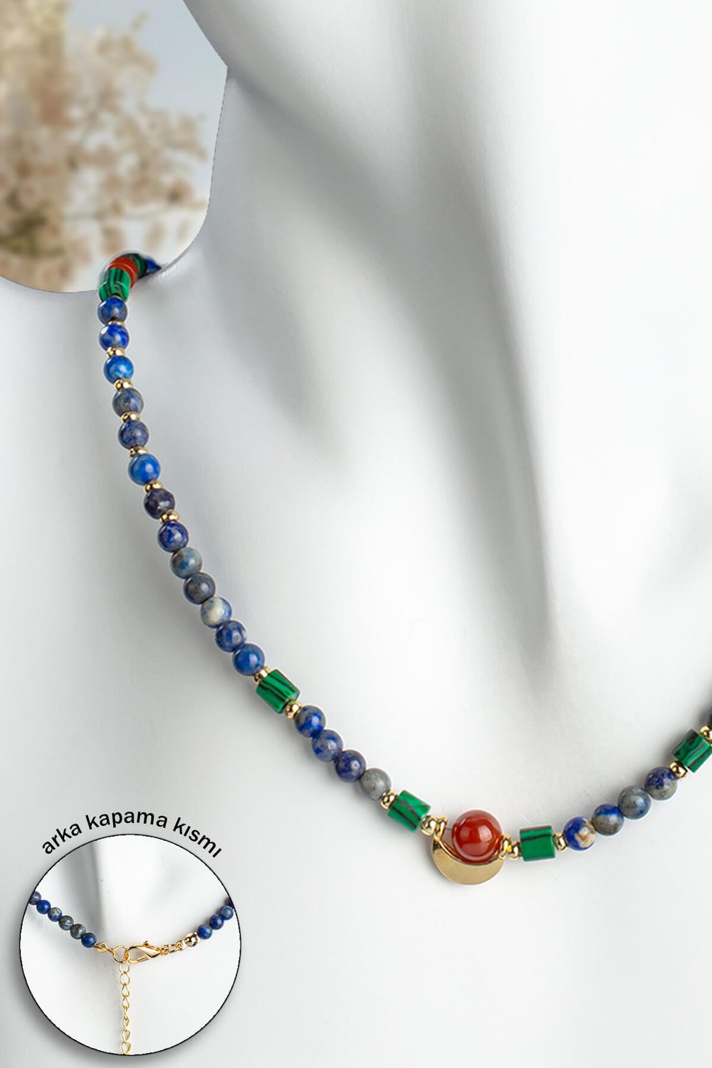Akik - Lapis Lazuli Doğal Taş Küre Kesim Zincir Kapamalı Kolye