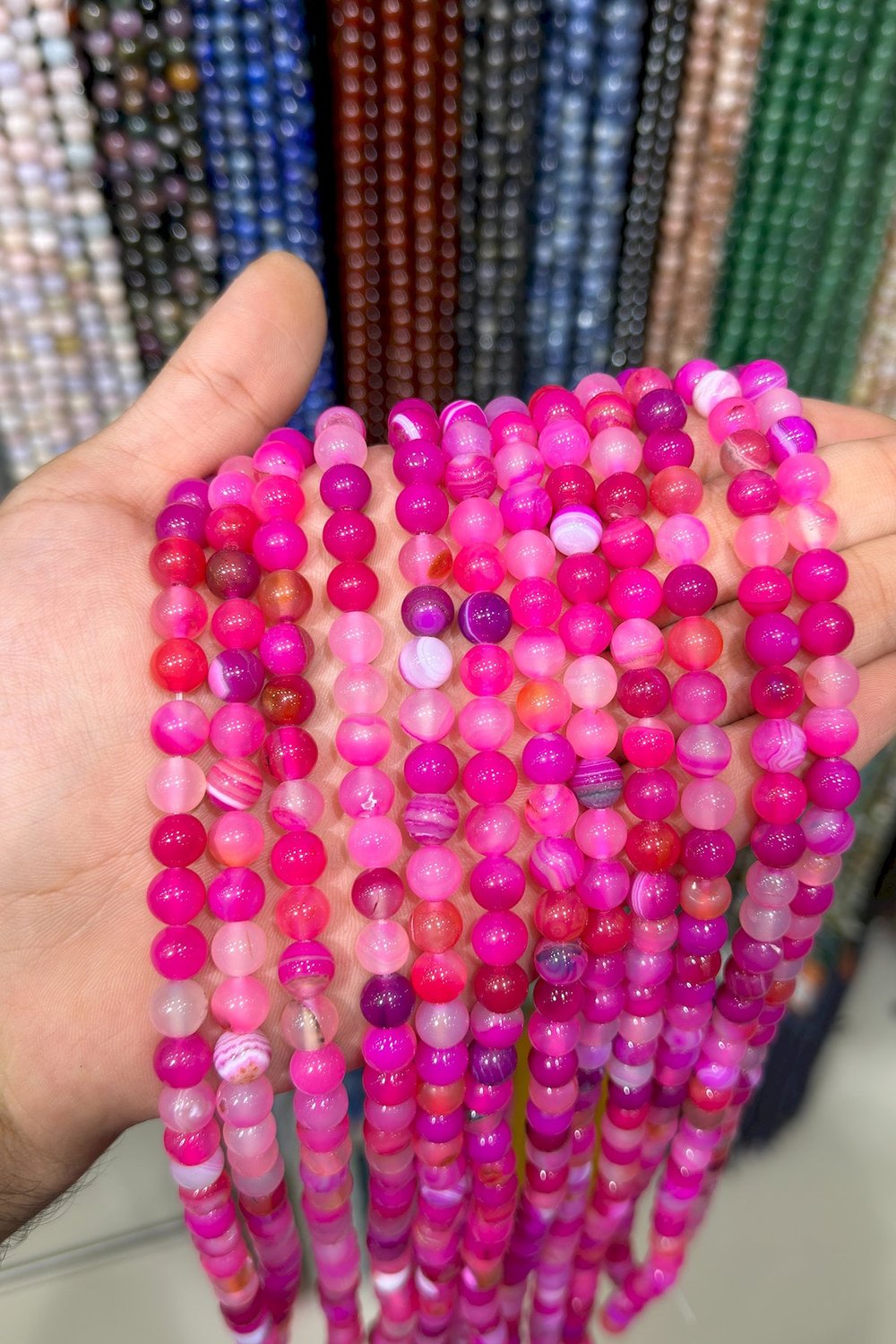 Akik Taşı Küre Kesim Parlak Fuşya 8mm Doğal Taş Dizi