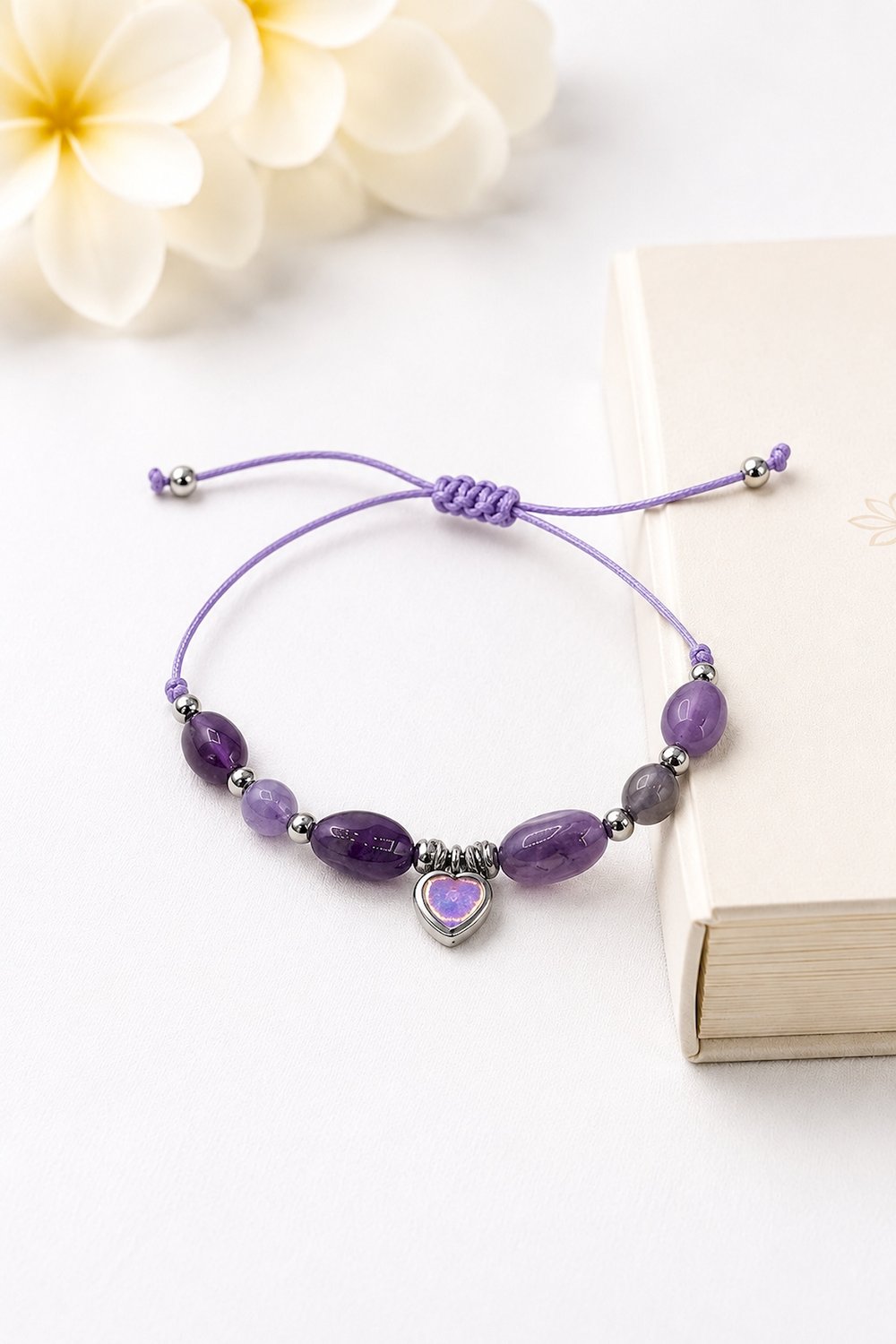 Amethyst Stone Tumbled Nugget Cut Rhodium Heart Motif Macrame Bracelet