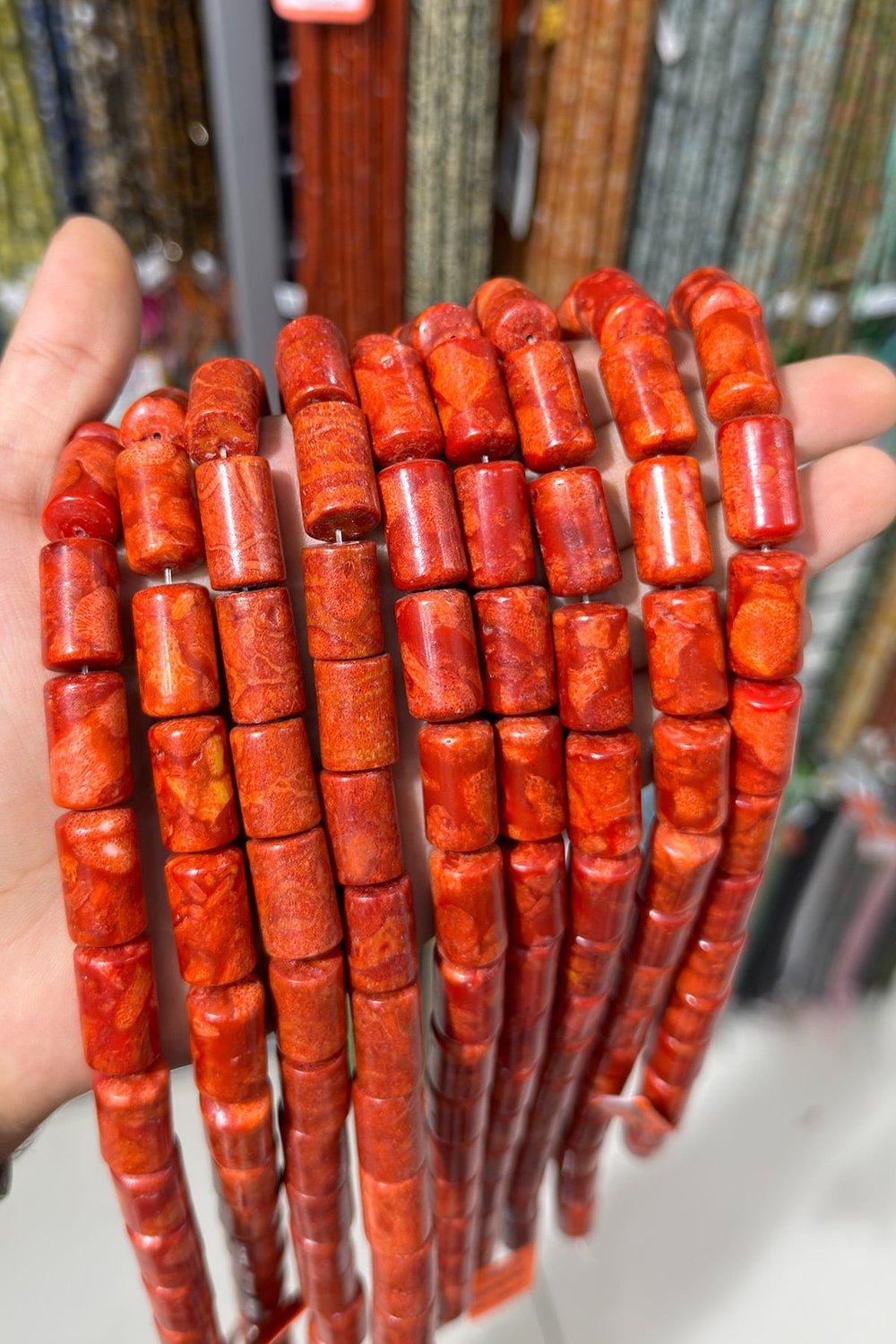 Çim Mercan Taşı Silindir Kesim Parlak Kırmızı 12x20mm Doğal Taş Dizi [AA]