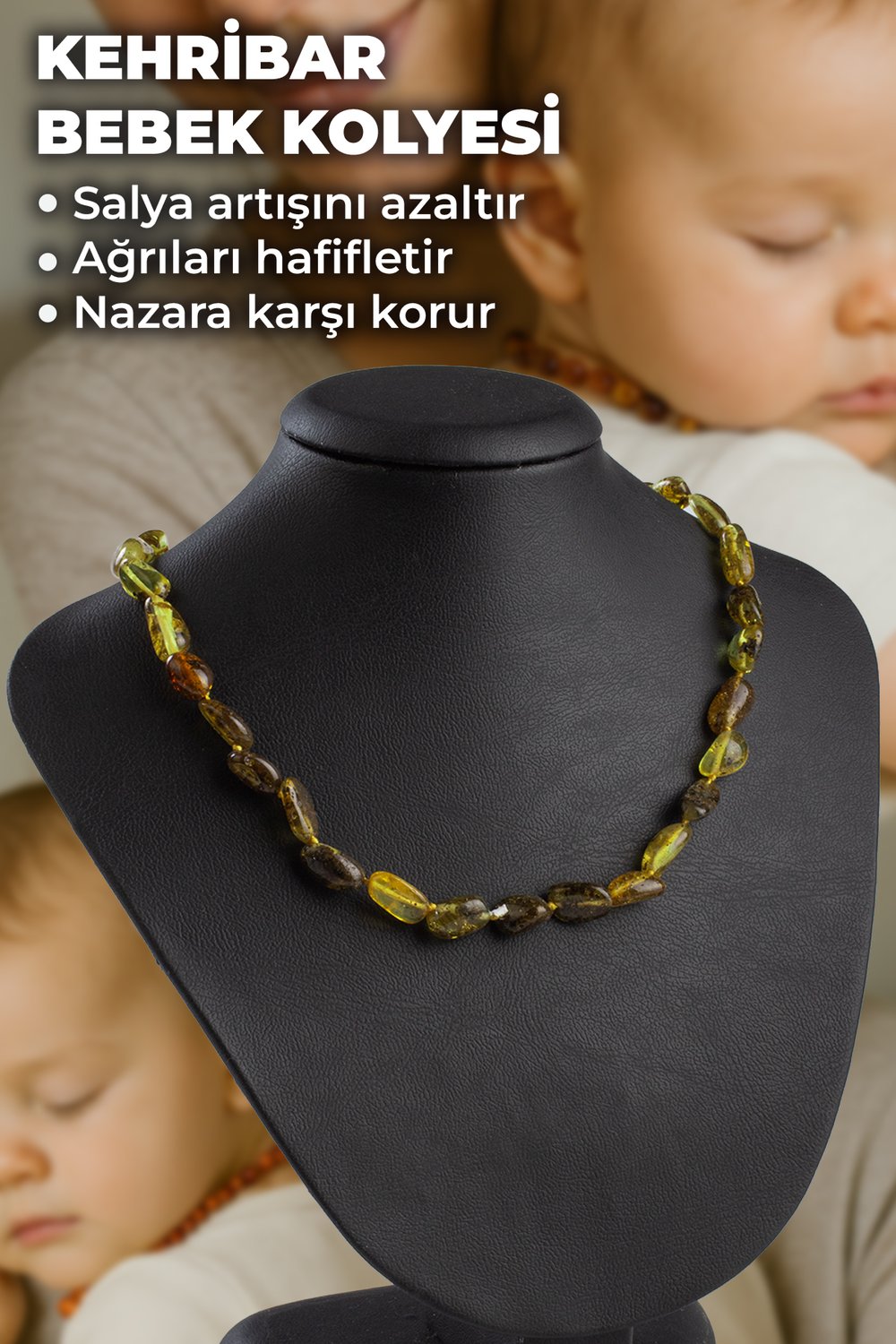Fosilli Damla Kehribar Parlak Yeşil Bebek Kolyesi 5-6gr