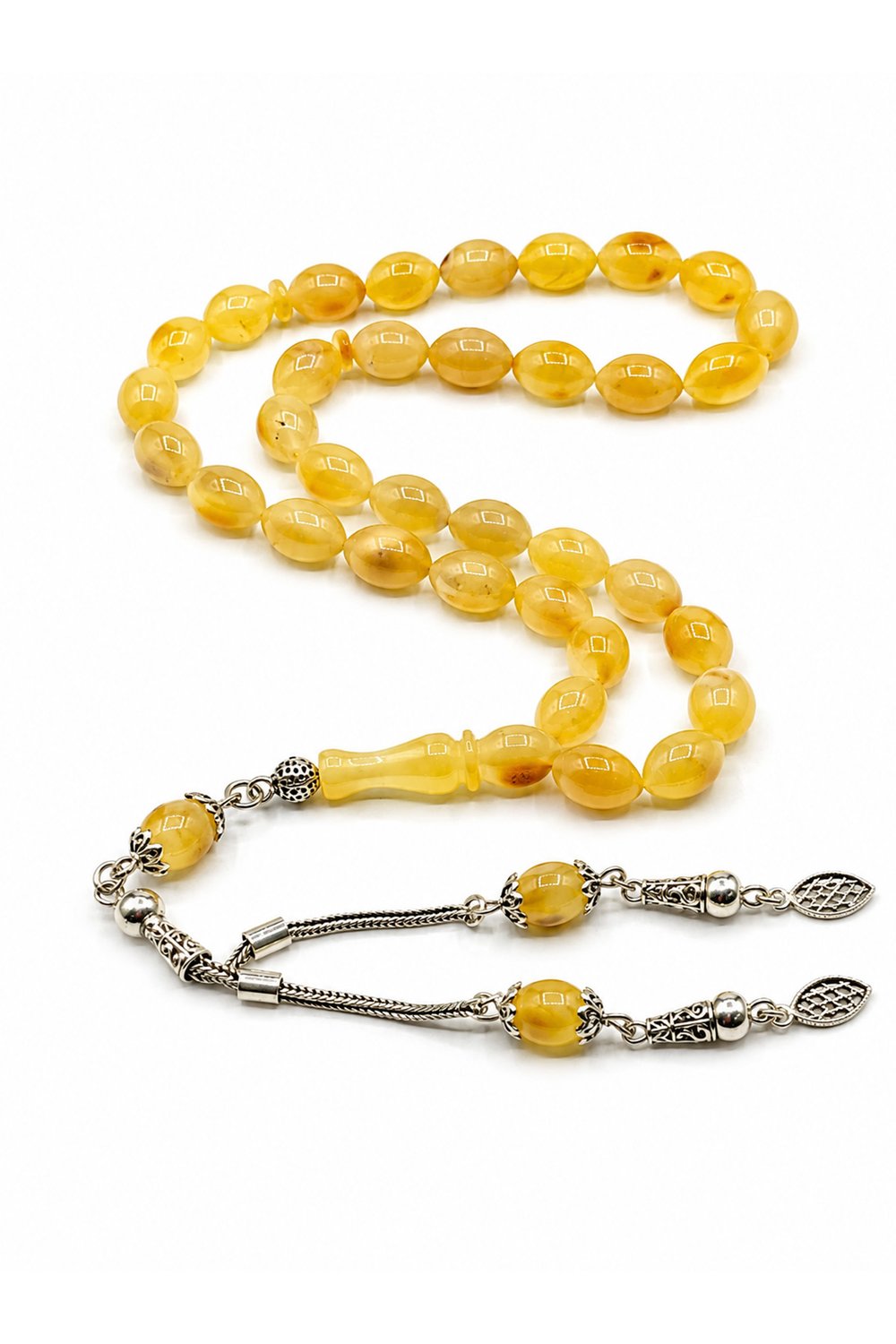 925 Sterling Silver Tasseled Transparent Amber Rice-Cut 6x9mm 33-Bead Prayer Beads (13,05 g)