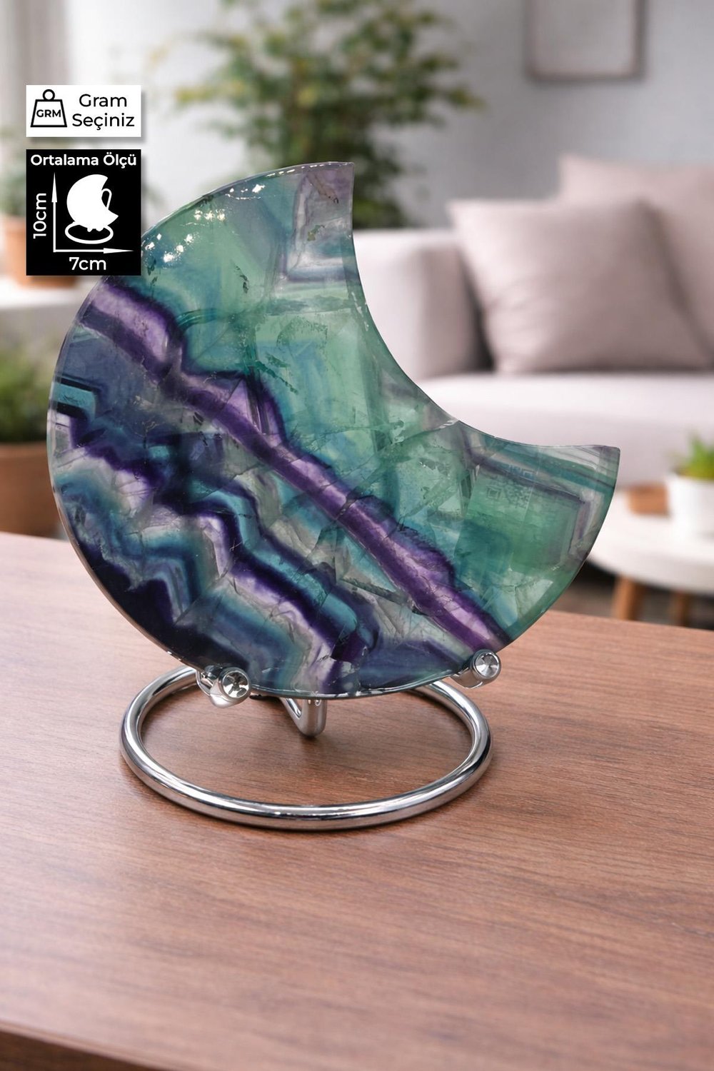 Florit Taşı Ham Kütle Yarım Ay Kesim 10x7cm Dekoratif Obje