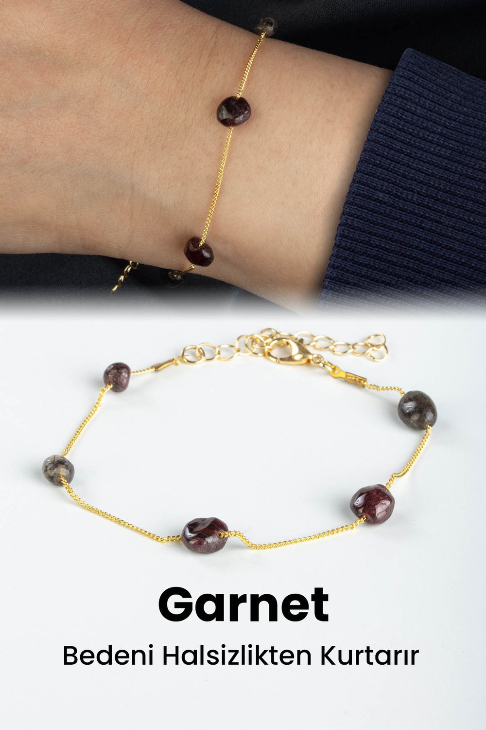 Garnet - Rutil Kuvars Doğal Taş Tımbıl Kesim Zincir Kapamalı Bileklik