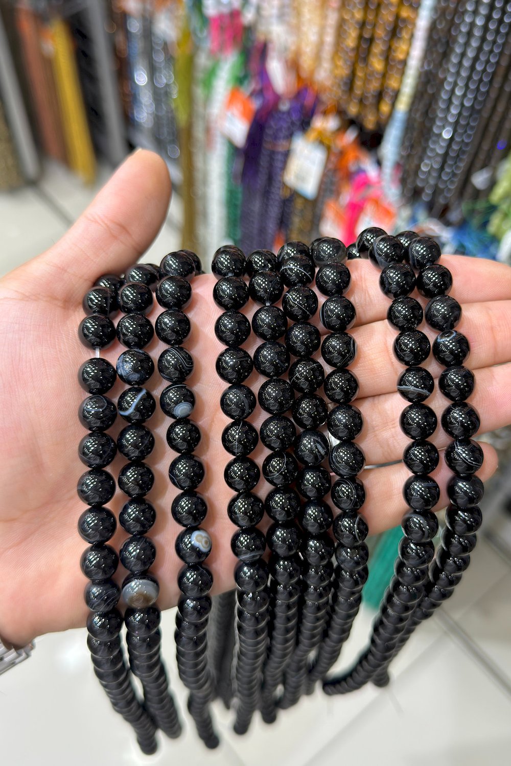 Göz Akik Taşı Küre Kesim Parlak Siyah 10mm Doğal Taş Dizi [AA]