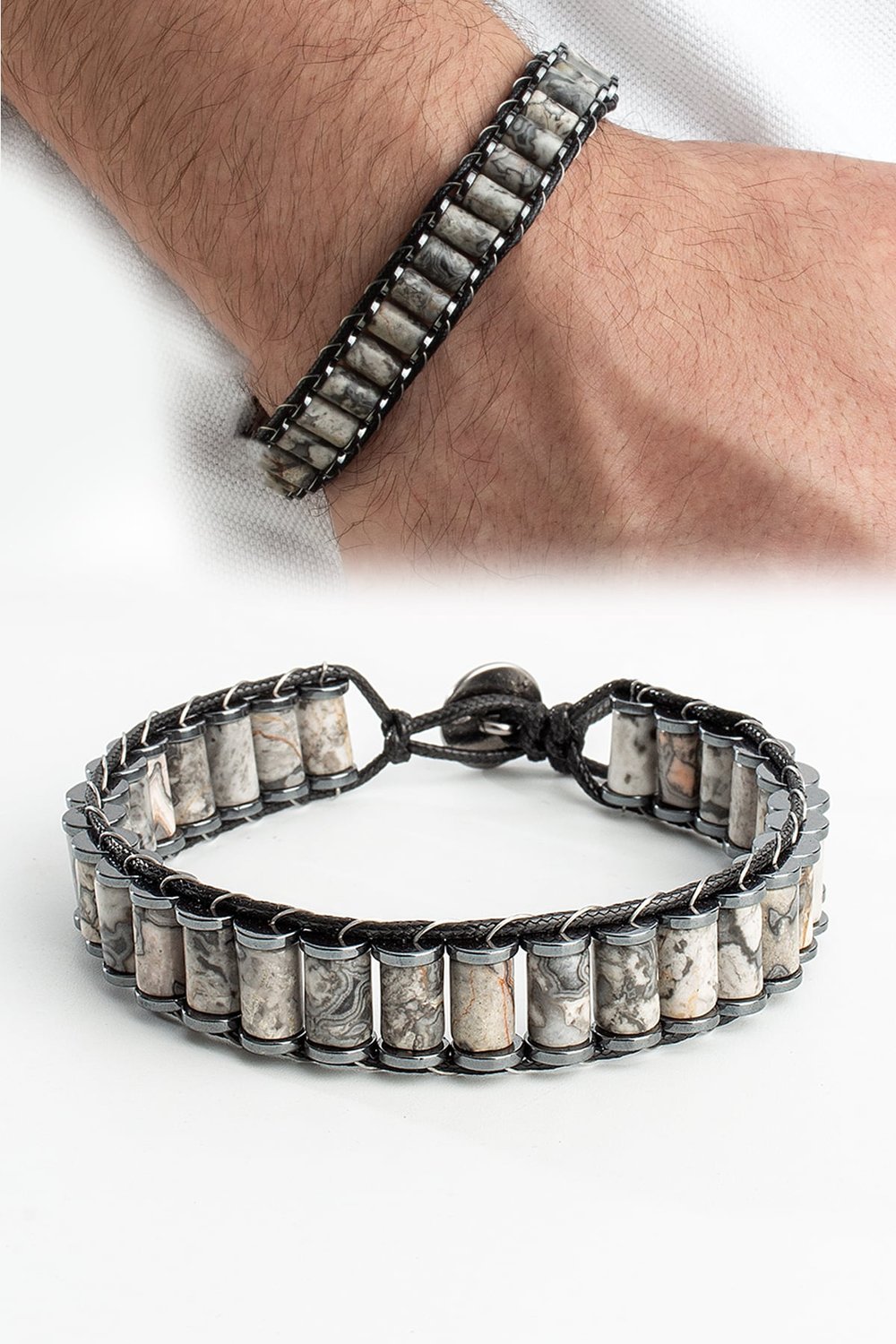 Gri Jespar Doğal Taş Örme Erkek Bilekliği 6x8mm