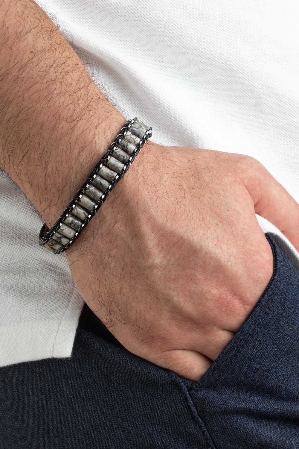 Gri Jespar Doğal Taş Örme Erkek Bilekliği 6x8mm
