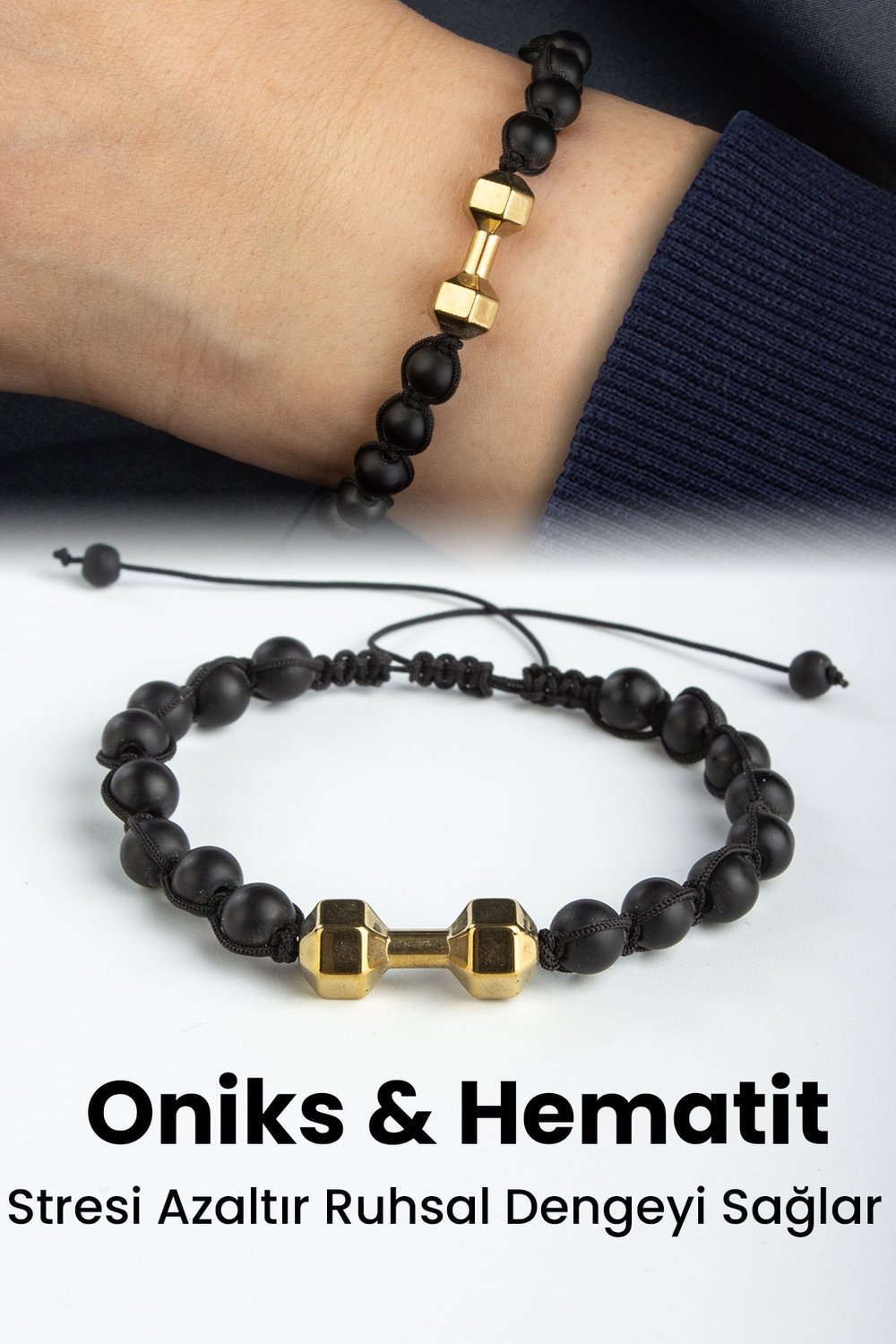 Oniks ve Hematit Doğal Taş Antik Sarı Dambıl Kesim Makrome Bileklik