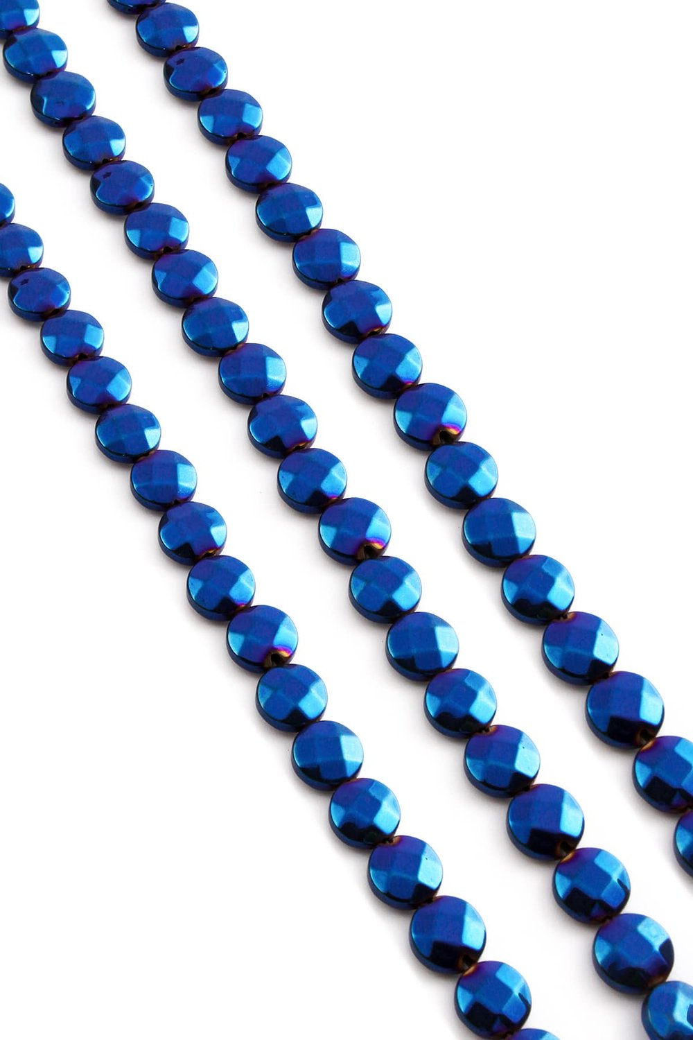 Hematite Natural Stone Shiny Blue Round Dished Facet Cut 8mm String Of Beads