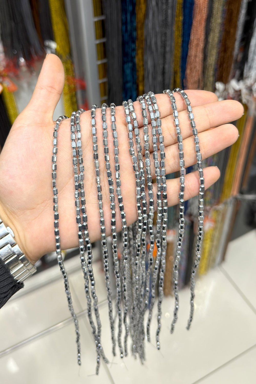 Hematite Stone 4x6mm Hexagon Cylindrical-Cut Bead Strand