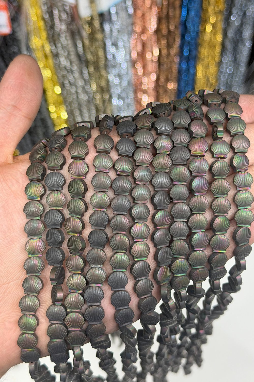 Hematit Taşı Deniz Kabuğu Kesim Mat Siyah Gökkuşağı 8x8mm Doğal Taş Dizi