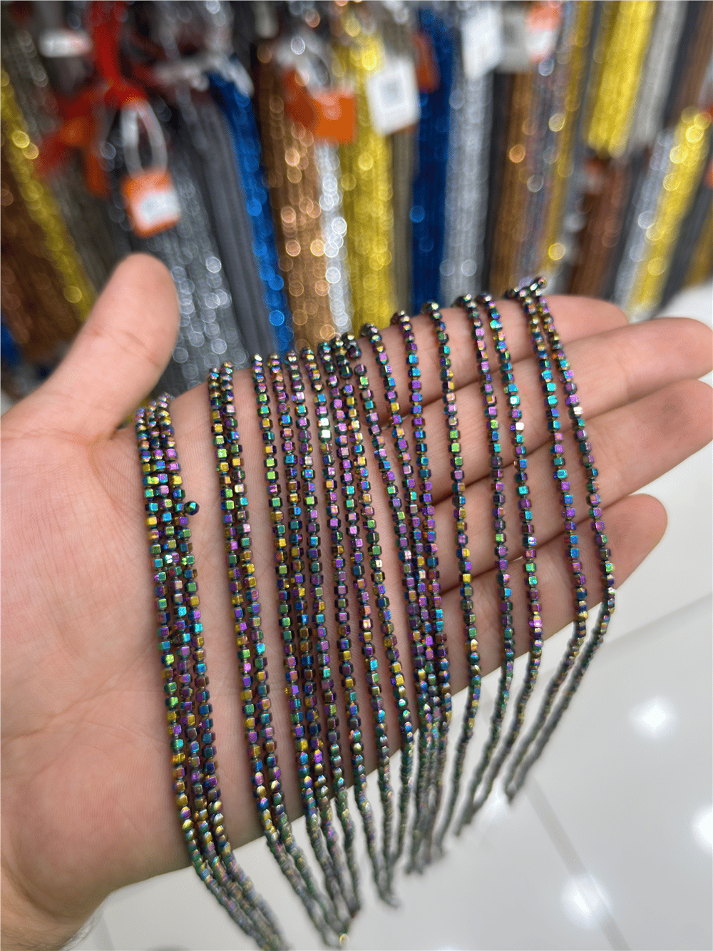 Hematite Stone Special-Cut Shiny Rainbow 3x3mm Bead Strand