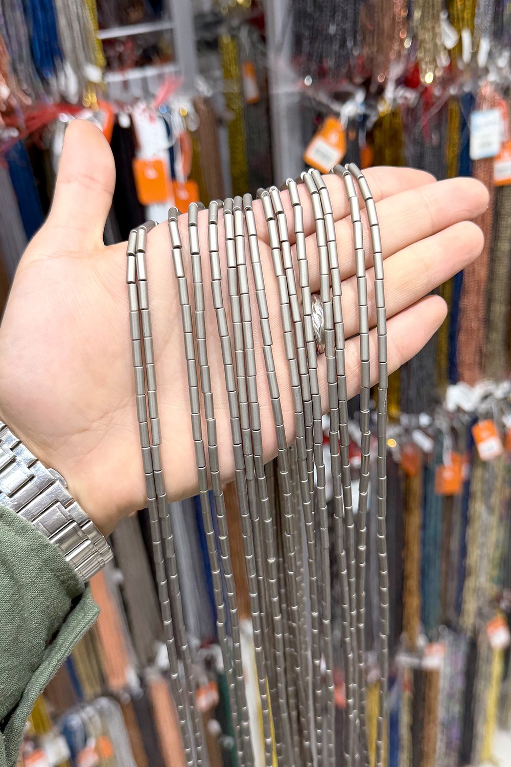 Hematite Stone Cylindrical-Cut 3x9mm- Matte Titanium Bead Strand
