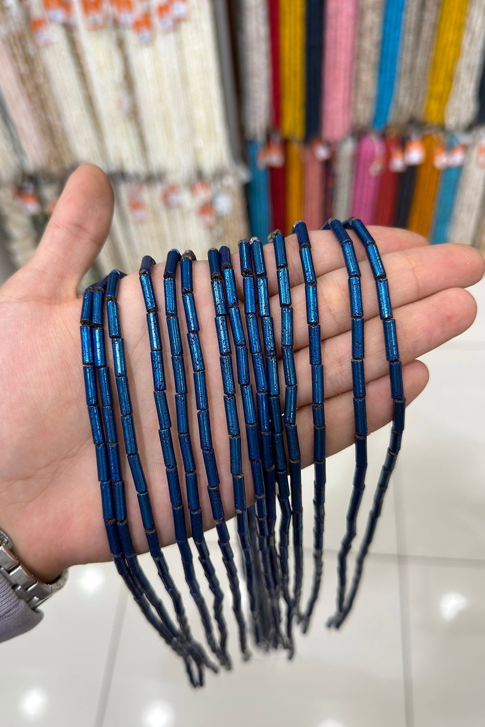 Hematit Taşı Silindir Kesim 4x13mm- Parlak Mavi Doğal Taş Dizi